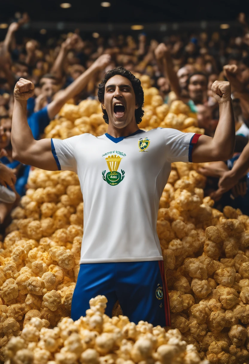 Create a white marble statue of a Brazilian national team fan wearing a CBF t-shirt throwing a bag of popcorn with a furious face in the shape of a trophy