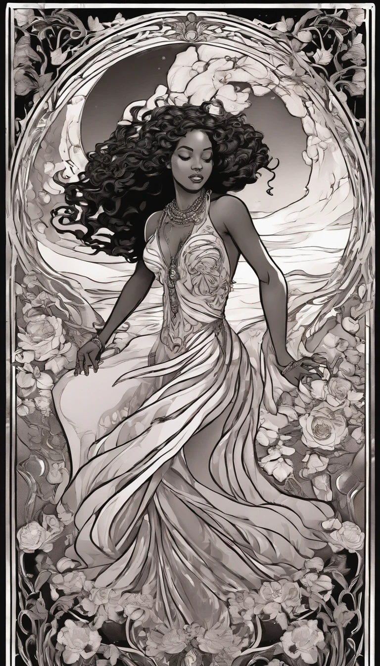 beautiful sensual black woman dancing inside giant wet rose liquid chrome