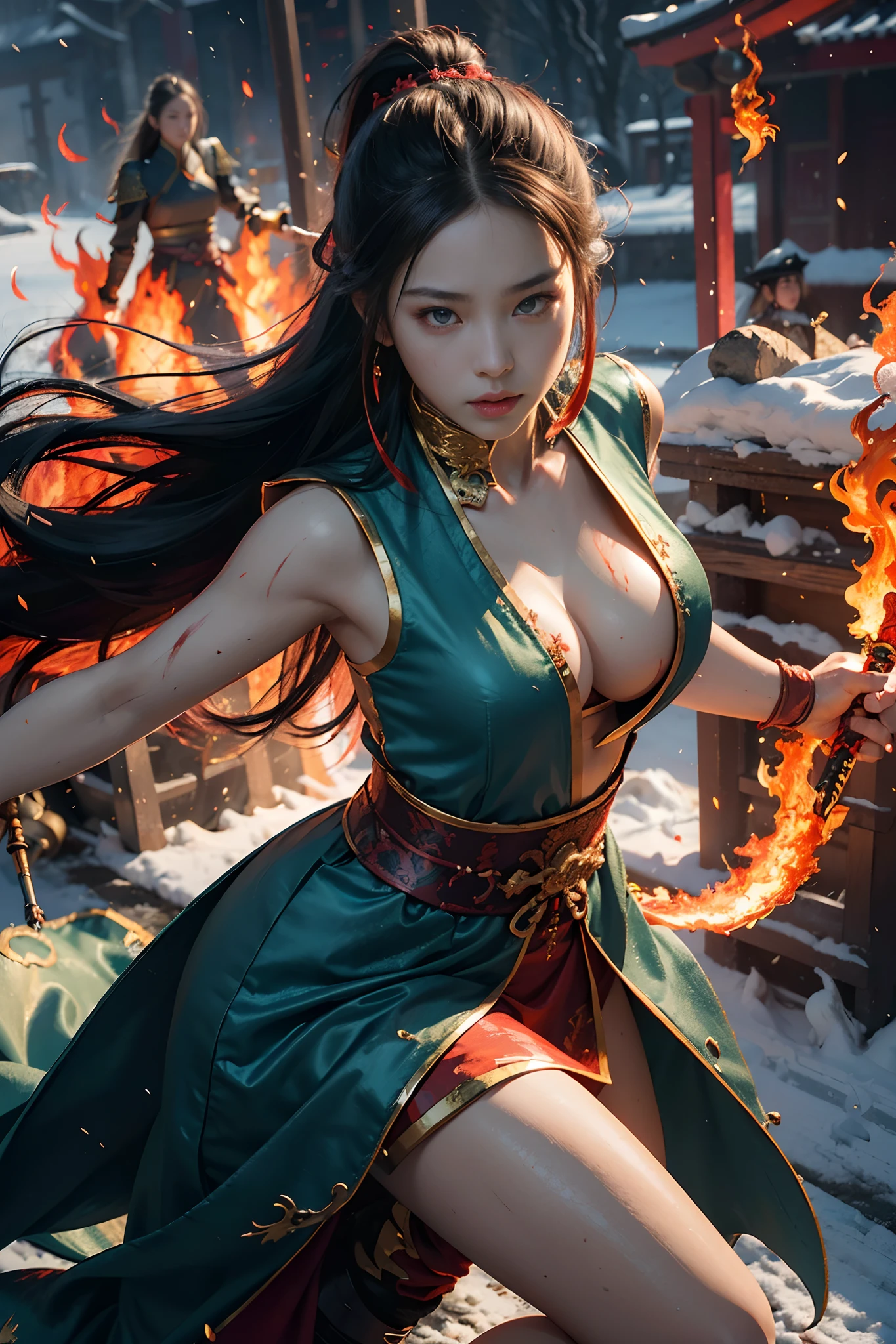 Best quality,masterpiece,ultra high res,(photorealistic:1.4),xiuxian,hyper-realistic fire effect,detailed face,
1girl,solo,long sword,long hair,cleavage,high slit,(fiery aura:1.2),fire magic,beautiful immortal girl,glowing eyes,full body,chinese architecture,heavy snow,combat,heated battlefield,blood-stained