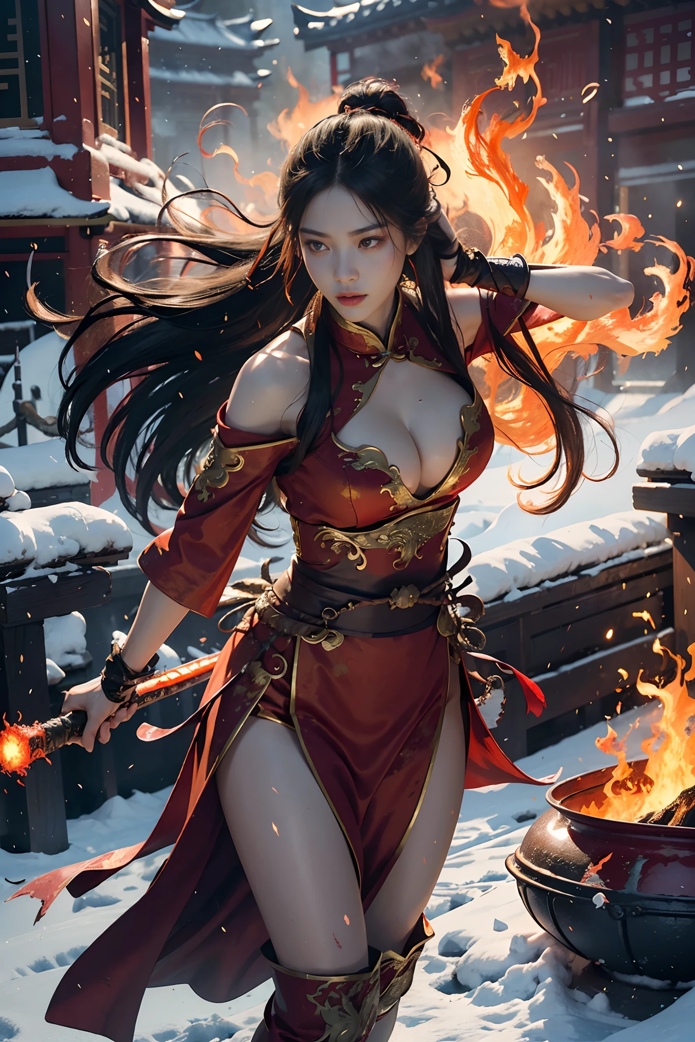 Best quality,masterpiece,ultra high res,(photorealistic:1.4),xiuxian,hyper-realistic fire effect,detailed face,
1girl,solo,long sword,long hair,cleavage,high slit,(fiery aura:1.2),fire magic,beautiful immortal girl,glowing eyes,full body,chinese architecture,heavy snow,combat,heated battlefield,blood-stained