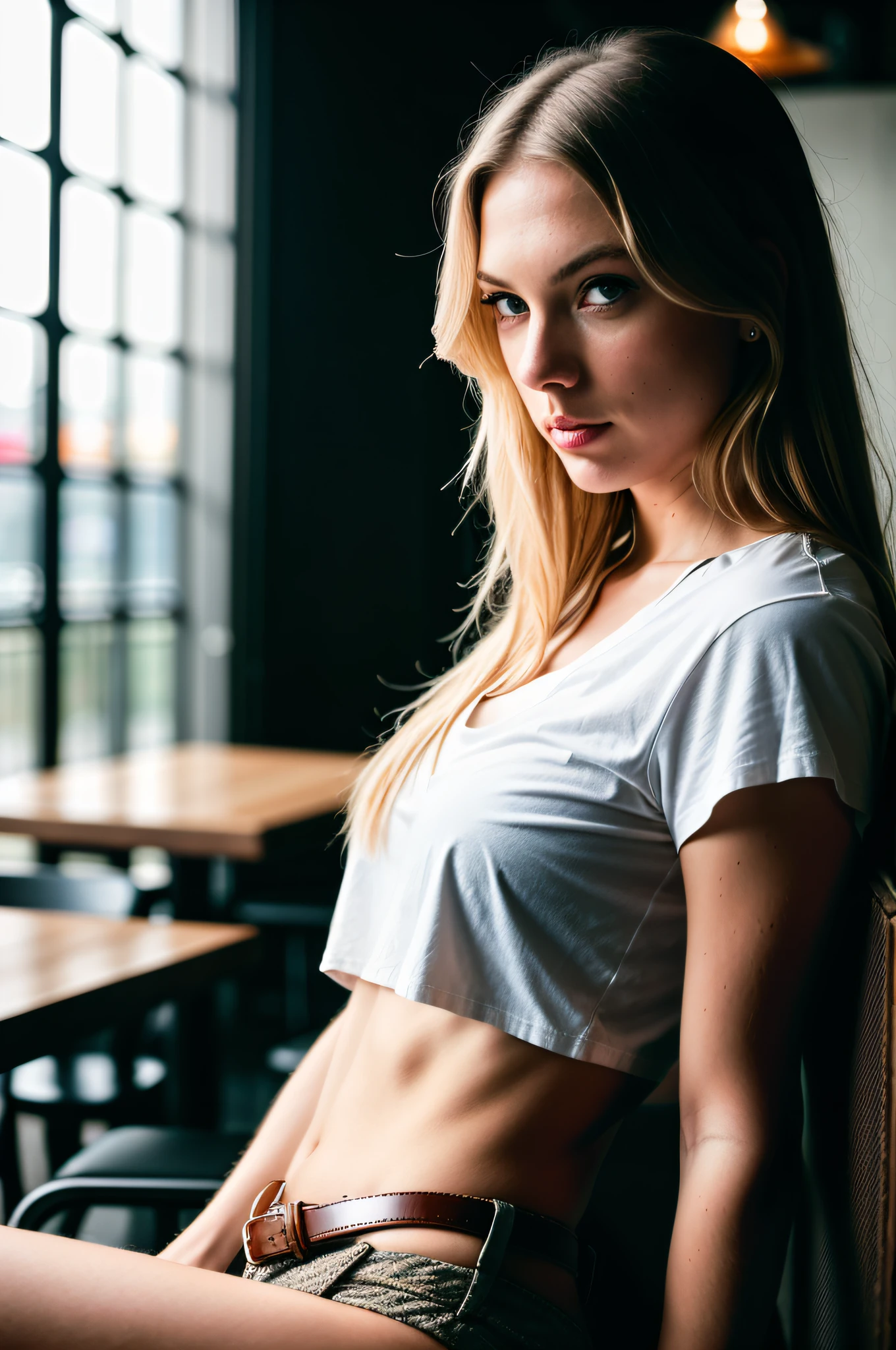 beautiful woman, long straight blonde hair, wearing a white t-shirt without print, wearing leather belt, front view (sitting inside a modern restaurant at night), Taylor Swift, very detailed, 30 years, natural wave hair, blue eyes, high-res, masterpiece, best quality, intricate details, highly detailed, sharp focus, detailed skin, realistic skin texture, texture, detailed eyes, professional, 4k, Canon shooting, 85mm, shallow depth of field, kodak color vision, perfect fit body, extremely detailed, photo_\(ultra\), photorealistic, realistic, post-processing, maximum detail, roughness, real life, ultra realistic, photorealism, photography, 8k uhd, photography (grain of film) medium shot for closeup shot atmospheric dark lighting