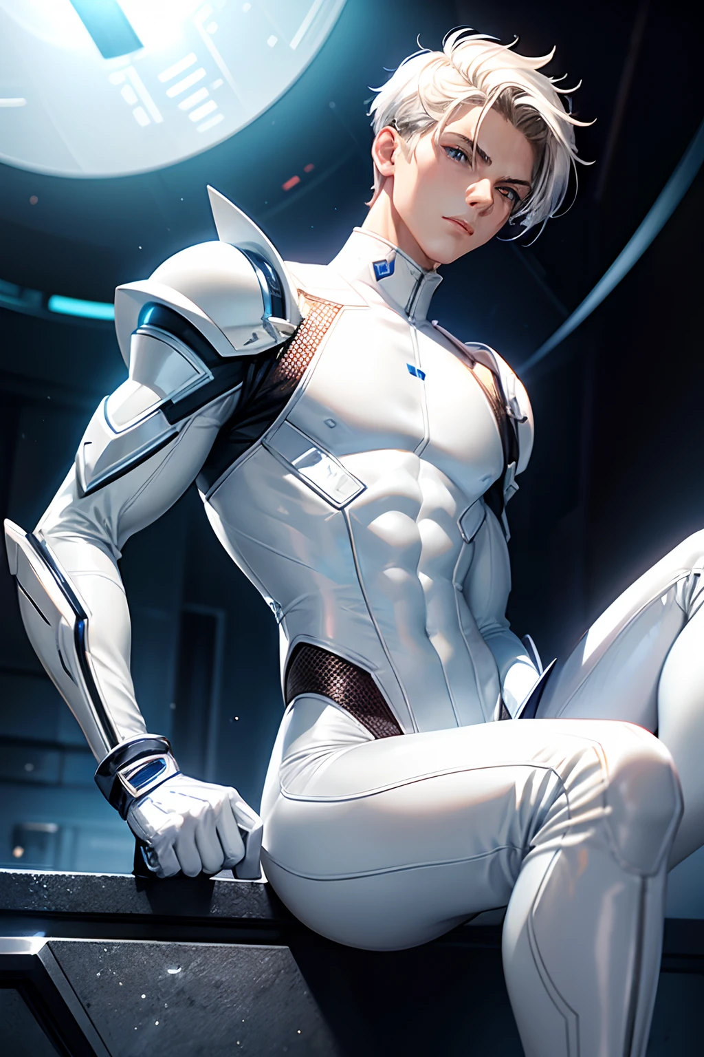 (White tight body suit), masterpiece, futuristic suit, gloves, white gloves, skin tight bodysuit, toned male, ager, young male, beautiful face, bodysuit, (futuristic), (sci fi suit), toned male, bulge, shoulder guard, neck guard, blue eyes, tight white gloves, white skin, boots, armour, futuristic mask