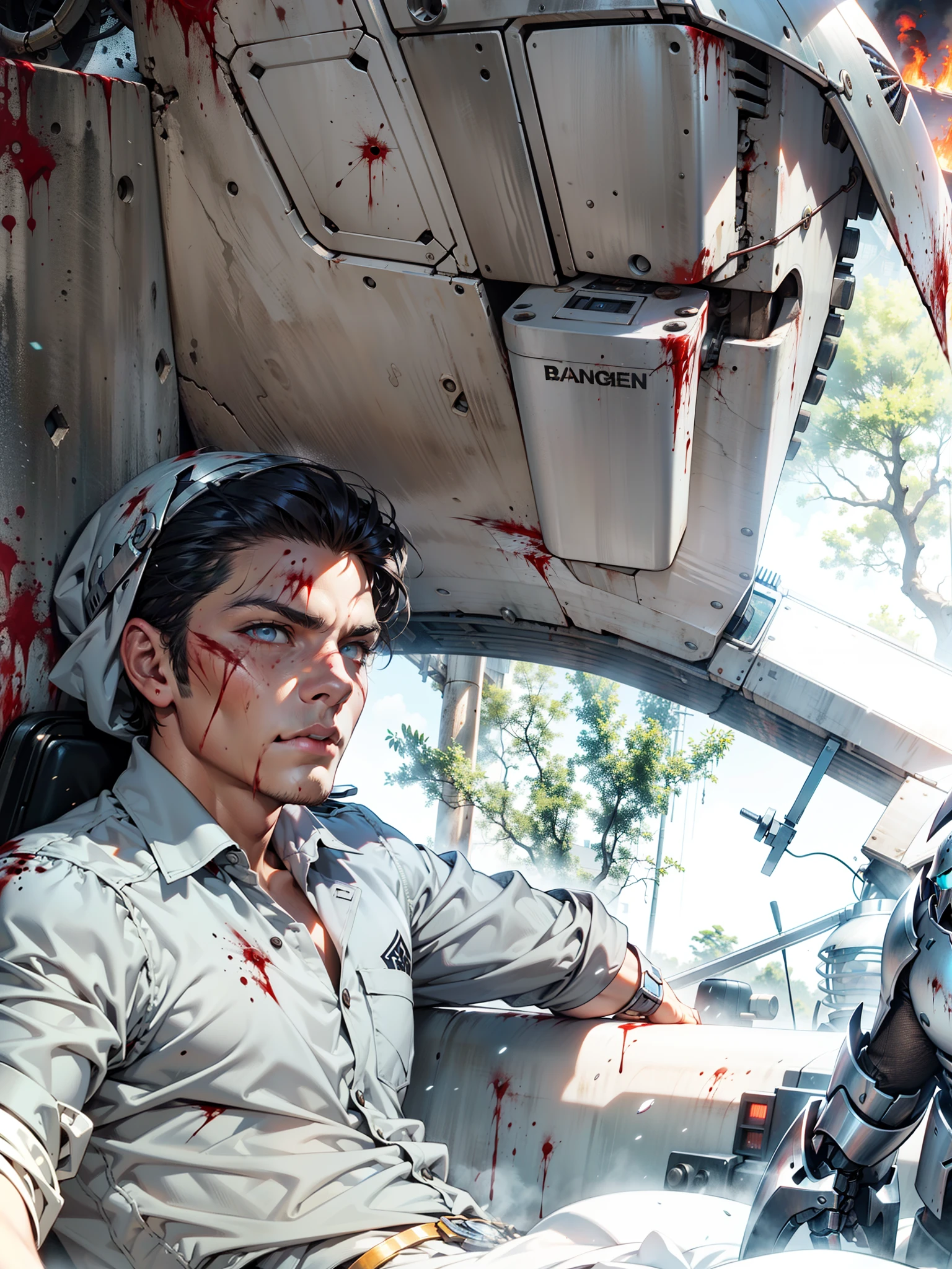 (Very detailed 8k wallpapers),The best movie posters,war theme,The horror covered in blood(undead knight)photo from the side (Hyper-detailing),Kamen Rider,Burning eyes,(Put on the flame armor),mechanized,(Mechanical skeleton),Mechanical details:1.2,Carry a sickle,uncanny,The dark world,Dark series