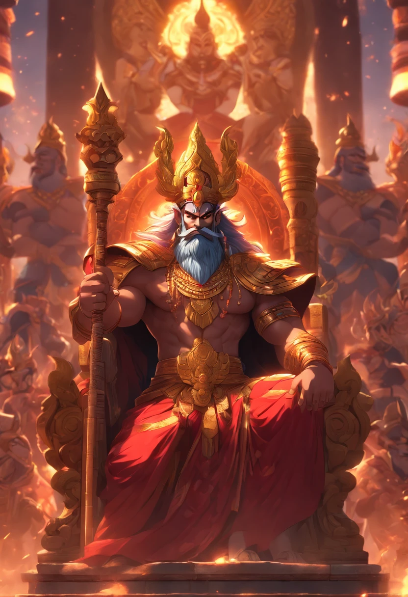 (((ANU))) best quality, ultra-high resolution, 4K detailed CG, masterpiece, generate an image of ravana from ramayana, siting on a royal throne, cinematic, detailed, dramatic lignings, aesthetic , centered on screen, standing pose, full body