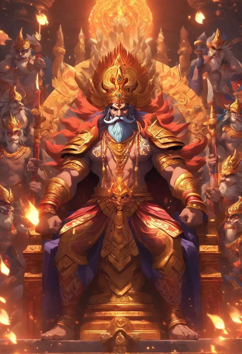 (((ANU))) best quality, ultra-high resolution, 4K detailed CG, masterpiece, generate an image of ravana from ramayana, siting on a royal throne, cinematic, detailed, dramatic lignings, aesthetic , centered on screen, full body