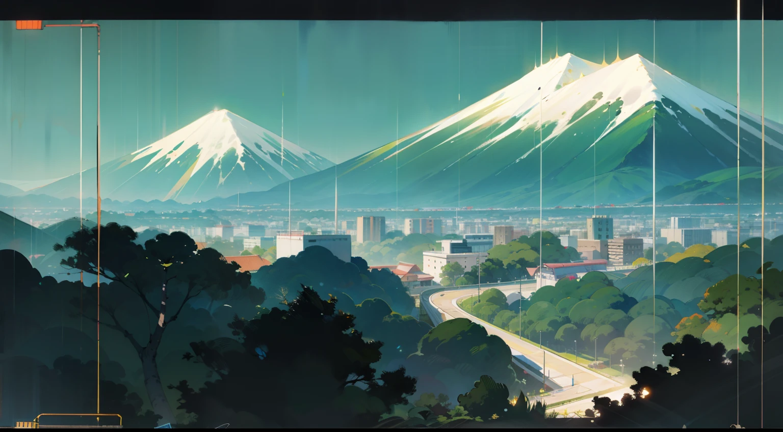 Commercial Buildings Illustration, Building with tropical mountain range in background, (Vista de montanhas),In a Japanese anime style,(Loja da cidade pequena com montanhas no fundo, movimento cotidiano),Detalhe abundante,Young and friendly atmosphere,Summer City, Retro Tones,Estilo de pintura delicado e suave,cinematic lighting effects,high-definition picture quality,luz suave,sonho,Detalhe abundante,32kinspirado em Edward Ruscha, grainy risograph matte painting, Tatsuro Kiuchi, um ponto de fuga central na imagem, serra montanhosa tropical, verde militar, carro hypado passando