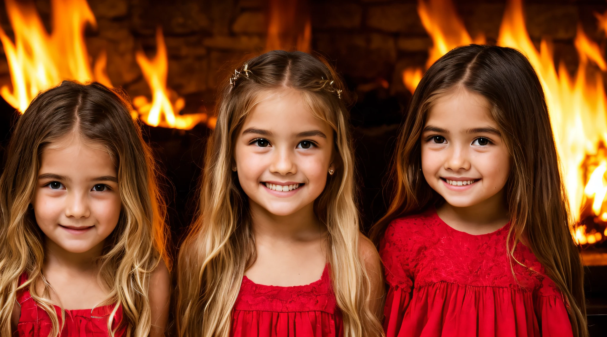 KIDS BLONDIES LONG HAIR, RED DRESSES , close up, fogo ao fundo, , undefeatable, FIRE.