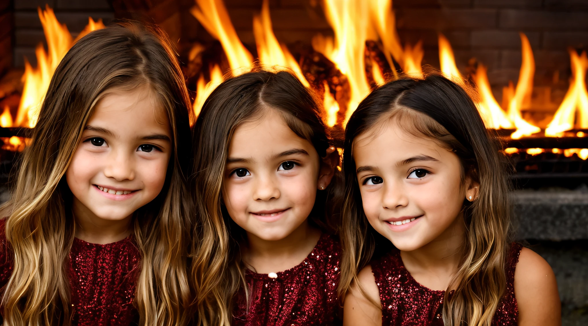 KIDS BLONDIES LONG HAIR, RED DRESSES , close up, fogo ao fundo, , undefeatable, FIRE.