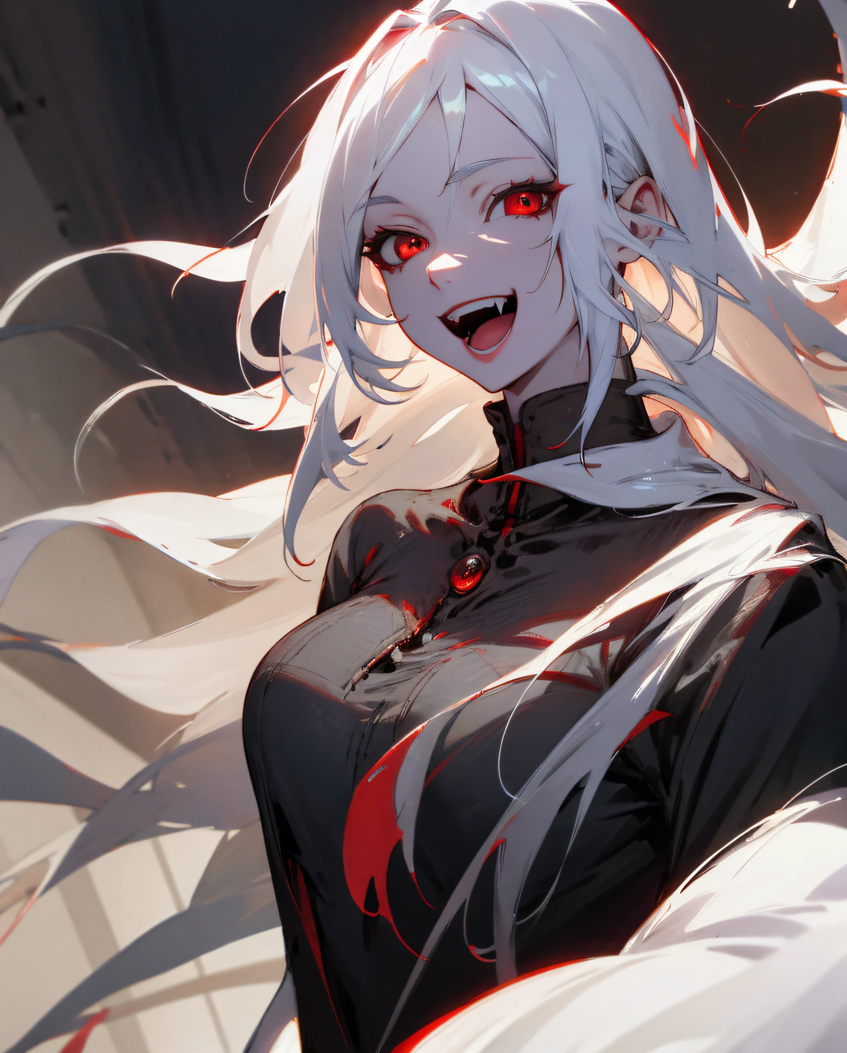 ((Retina)), masterpiece, anatomically correct, textured skin, super detail, high detail, high quality, best quality, highres, 4K, (Detailed Lights, Detailed Shadows), 1Woman, vampire,laughing, wide smile, open mouth, red eyes, white hair, long hair, scattered hair, Close-up,half body Portrait, (Half Body), Extremely Detailed Clothes, Detailed Skin, Perfect Body