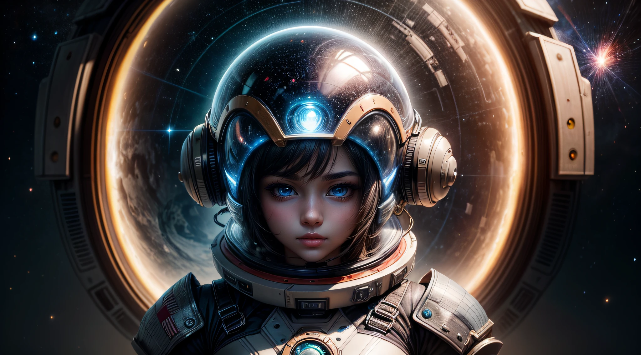 "A detailed painting of an alien girl dressed in close-up dressed as a space ranger, explorando un paisaje extraterrestre adornado con vibrantes, Flores de otro mundo. The Wonderland of Science Fiction, Imaginativo, Aventura espacial."