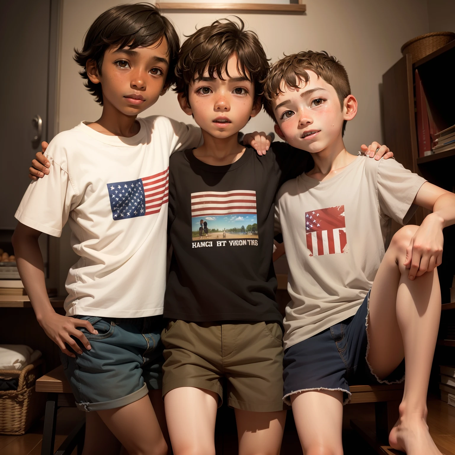 Three hairs, ,Shorts little boy,stickfiith thin legs,brown hair,White skin,Americans,Happy family,He has a big tooth brother