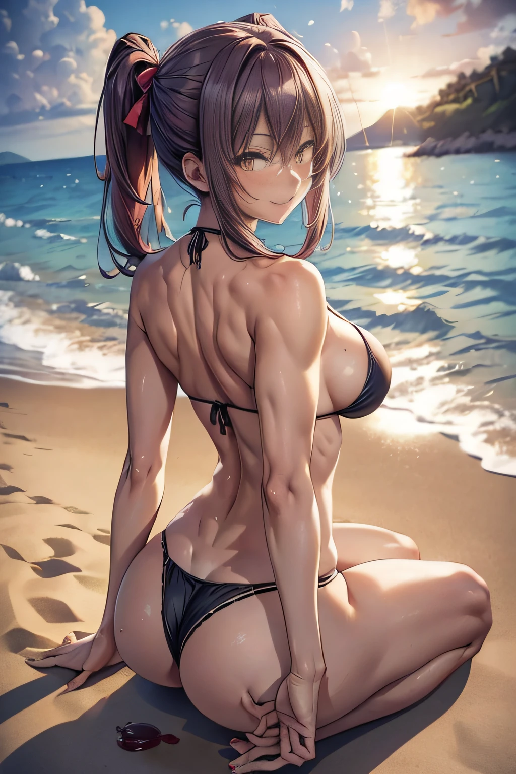 (((Average breasts))) (((huge ass))) beautiful and cute lady, wearing only a black mini bikini, slightly longer wine-colored hair, pigtails, smiling, on the beach at night, (slim), (thin thick), (small waist), (naked butt), 8k, (((Ichika amasawa))), red ribbons in her hair, yellow eyes, good anatomy, perfect hands, (((perfect legs and muscular))) , ((thick thighs)), thin waist, muscular abdomen, barefoot, full body photo