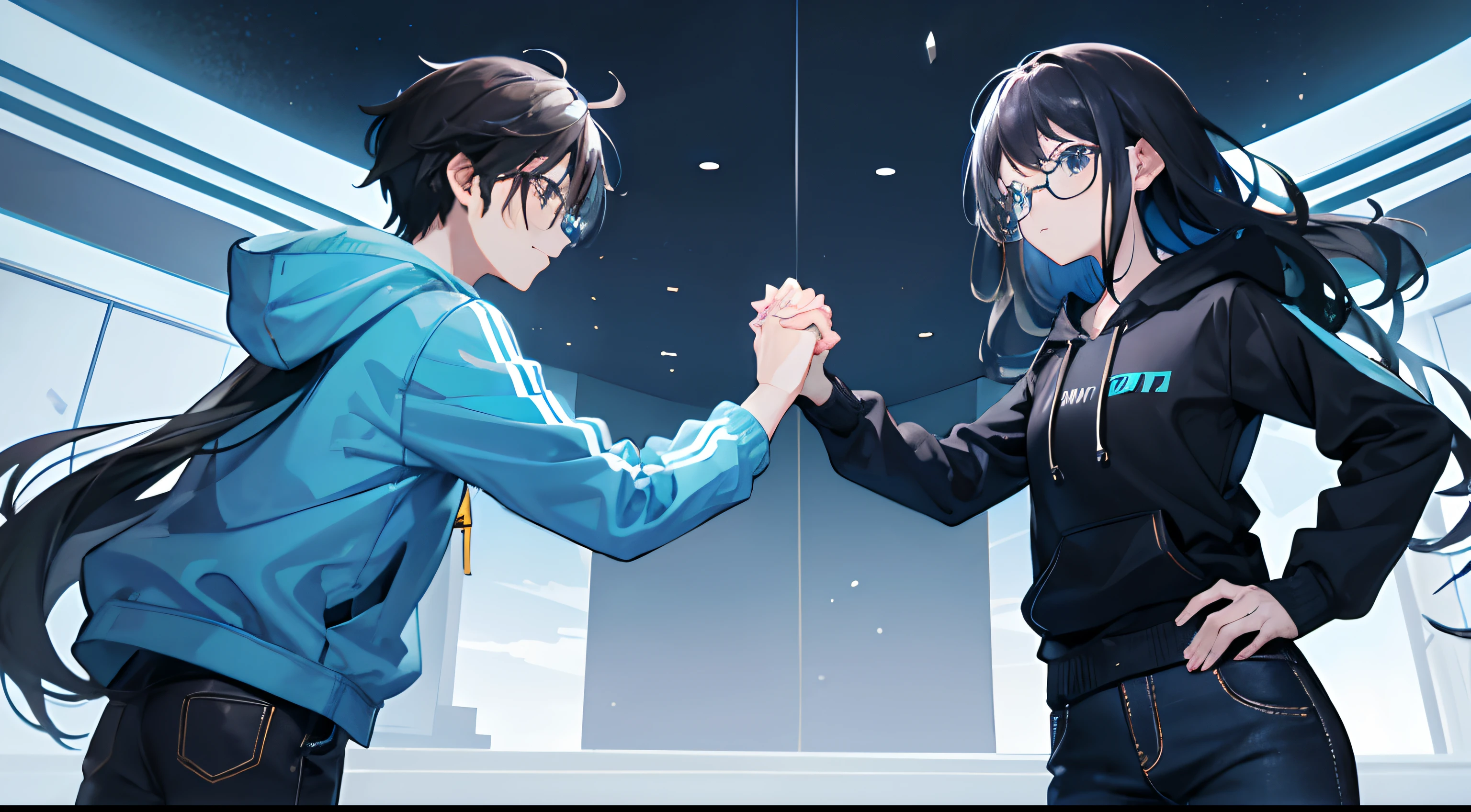 2friends, boy and girl, fist bump each other, boy is wearing blue hoodie, black jeans, and the girl has black and blue long wavy hair, light blue jacket, dark blue trousers, cute glasses. Friendship fist bump handshake.