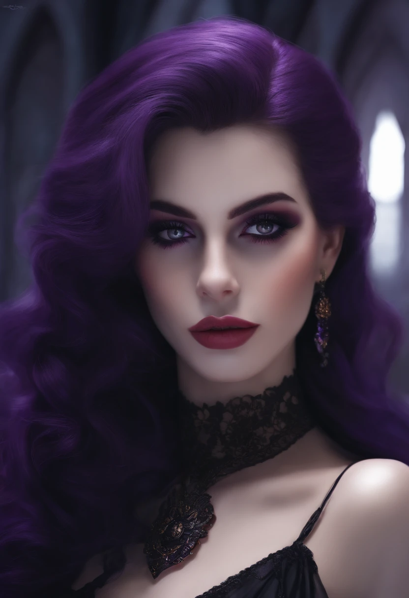 Charming slender girl with big breasts, slim waist. With loose long dark purple hair. With a fancy purple pendant around her neck. With a cute smile and lush red lips. In an airy sheer black dress with purple fur and a cutout on the chest. In lacy black stockings. On a plain background with uniform light.