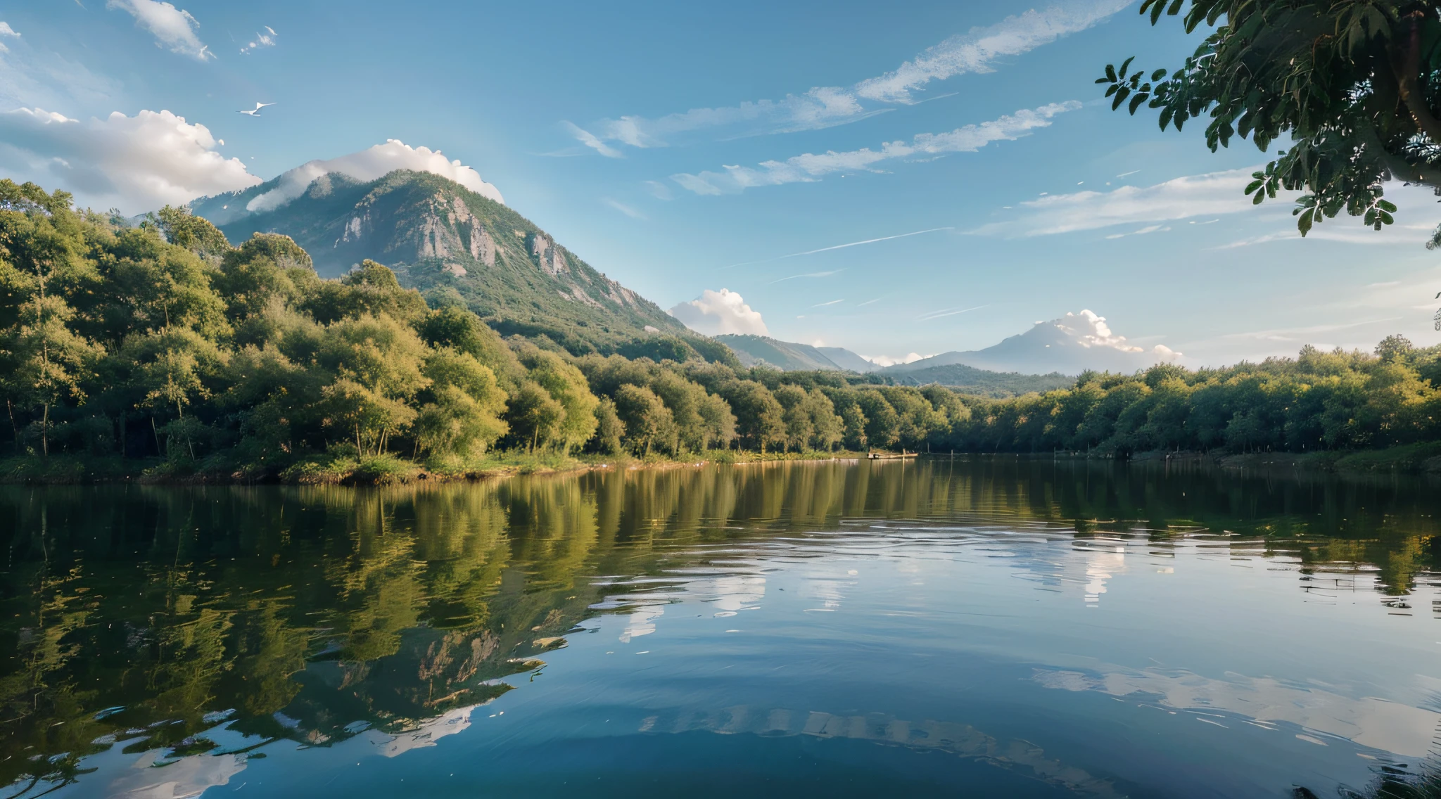 (best quality,4k,8k,highres,masterpiece:1.2),ultra-detailed,(realistic,photorealistic,photo-realistic:1.37),rainbow in the sky,clear sky,calm lake,inverted image,silhouette of a tree,birds flying,refreshing,magical,beautiful natural landscape,colorful scenery,after the rain,tranquil atmosphere,lush greenery,sunlight filtering through the trees,serene reflections on the water,crisp air,translucent raindrops glistening on leaves,peaceful solitude,harmony between nature and sky,gentle breeze,rays of sunlight illuminating the scene,fleeting moment of beauty and wonder,euphoric feeling,delicate balance of light and shadow,subtle gradient of colors in the rainbow,dreamlike setting,scenic view of the landscape,endless possibilities,serendipitous encounter with nature's beauty,securing a memory that will last forever