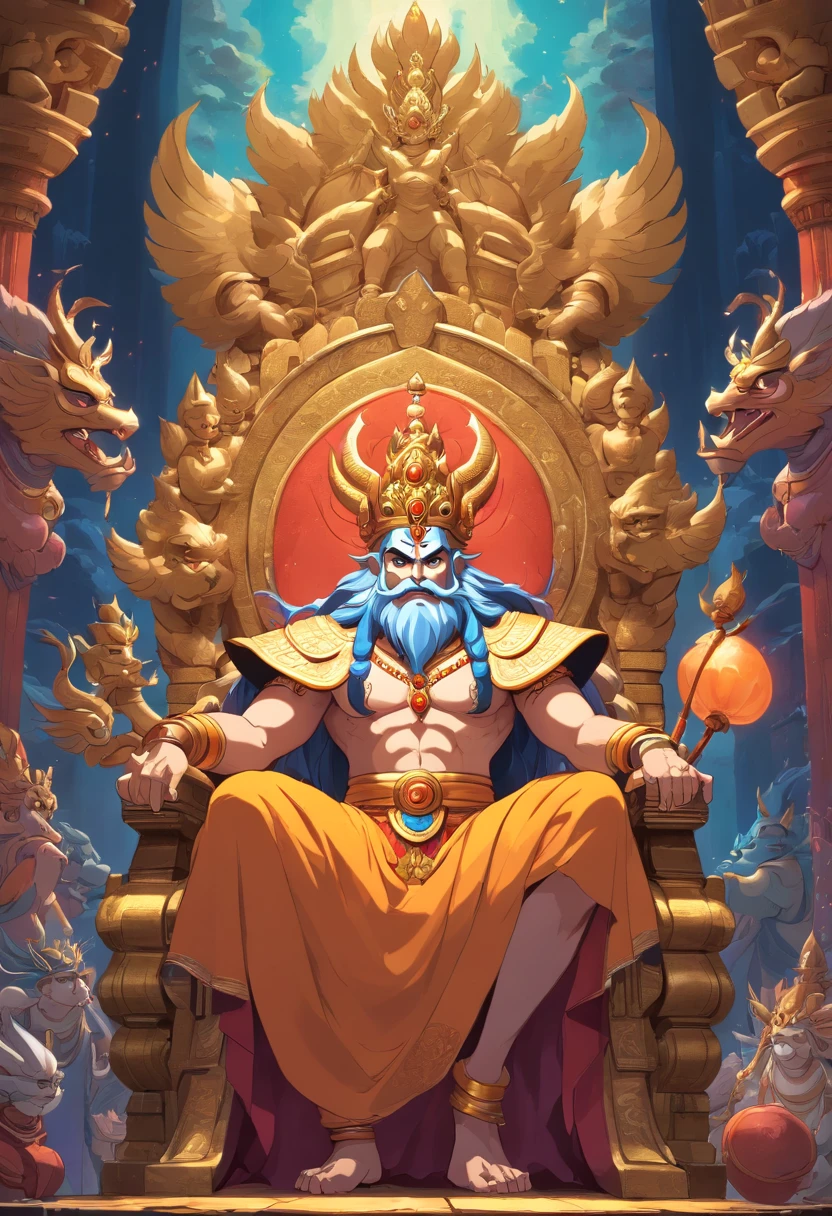 (((ANU))) best quality, ultra-high resolution, 4K detailed CG, masterpiece, generate an image of ravana from hindu mythology Ramayana, siting on a royal throne, cinematic, detailed, dramatic lignings, aesthetic , centered on screen, full body