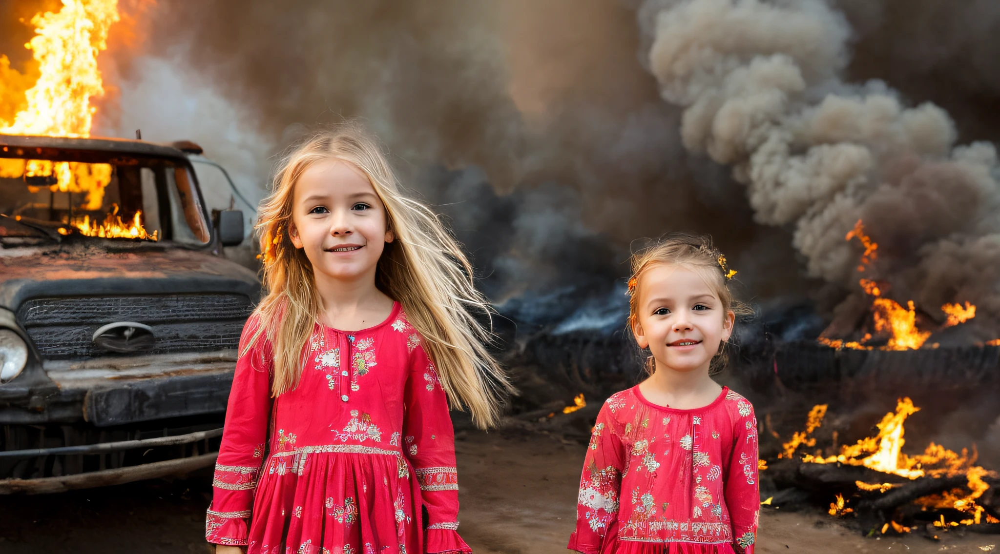 BLONDE CHILDREN LONG HAIR, vestidos vermelhos , COM MASCARAS DE GAS, fechar para cima, fogo ao fundo, , undefeatable, fire.