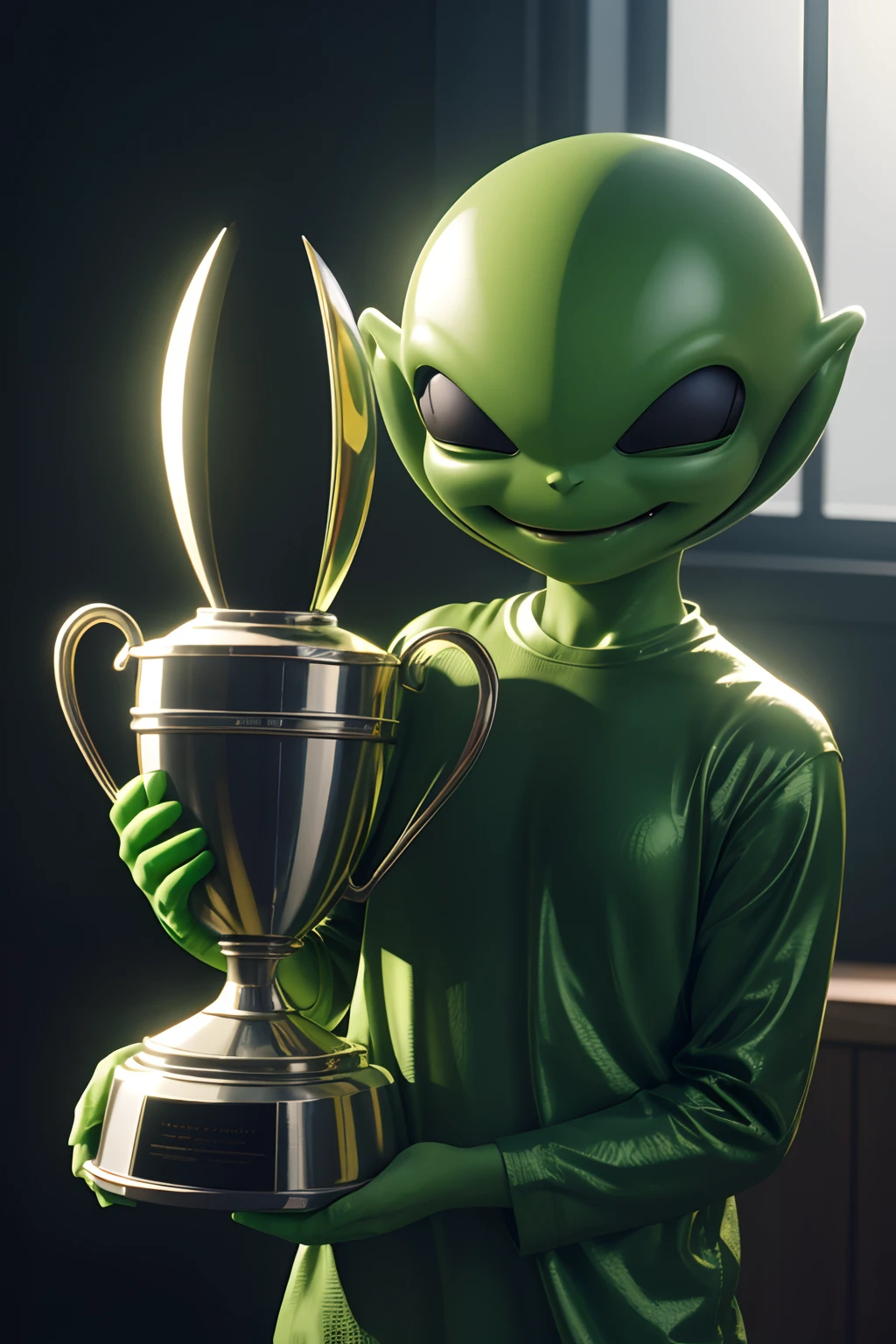 (cute happy green young alien ), (cute happy green young alien holding a big trophy ), soft lighting, 8K, octal render, render, super realistic