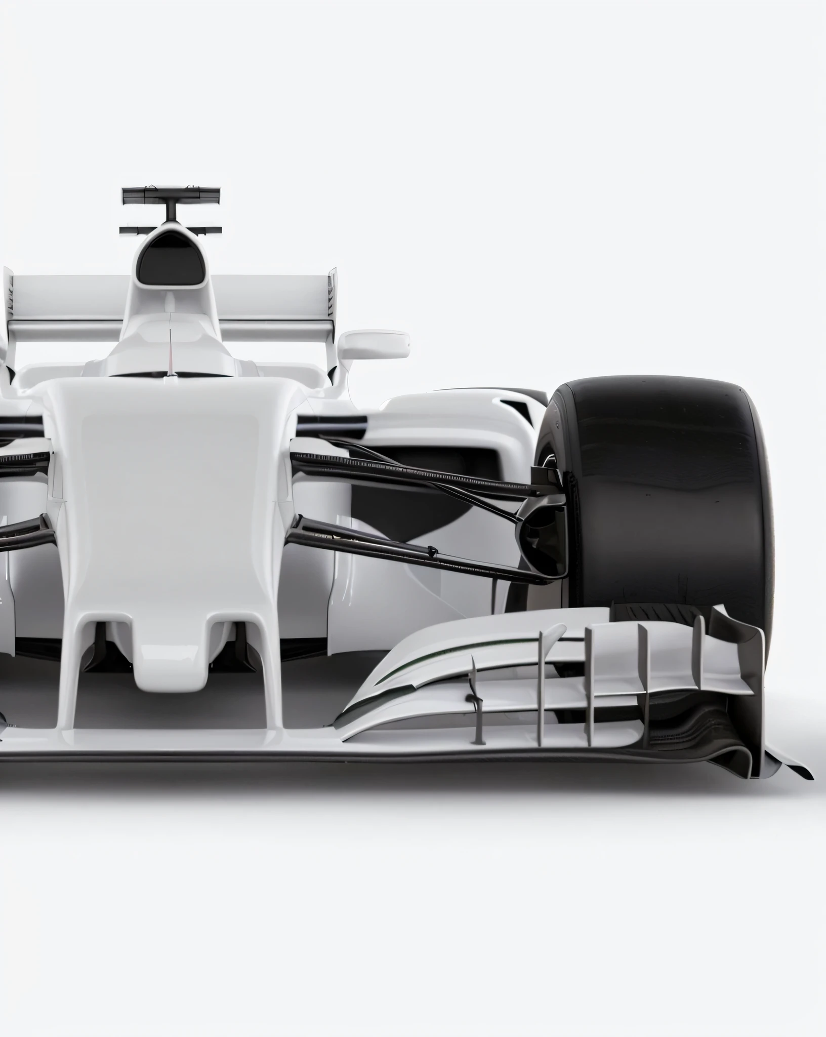 um close up de um carro de corrida branco com uma faixa preta e branca, formula one car, front of car angle, extremely detailed frontal angle, all white render, hyper detailed 3d render, hyper detailed 3d render, vista completa de um carro esporte, white mechanical details, high res render, perspectiva frontal, intrincado carro de corrida detalhado, high res render, high detail render