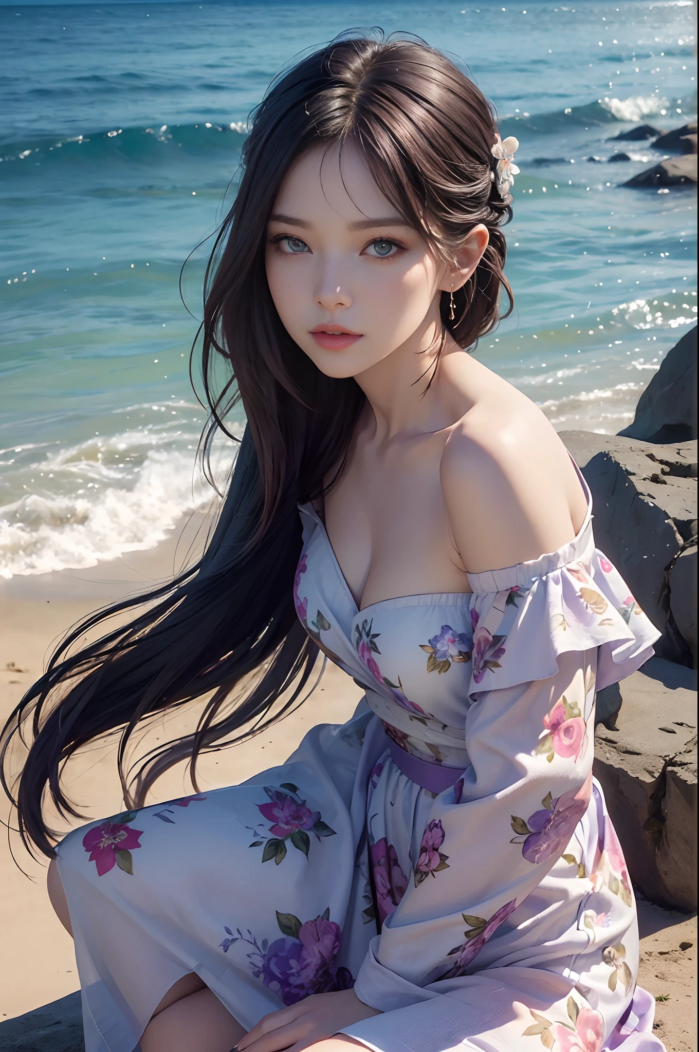 MDNN, (sharp-focus:1.2), Portrait, Attractive young woman, (beatiful face:1.1), A detailed eye, luscious lips, (eye make up:1.2), (close body:1.2), wearing (Floral dress:1.2) at (Beach:1.2). (morning sun:1.2), Depth of field, bokeh, 4k, HDR. by (James C. Christensen:1.2|Jeremy Lipking:1.1). violet eyes.