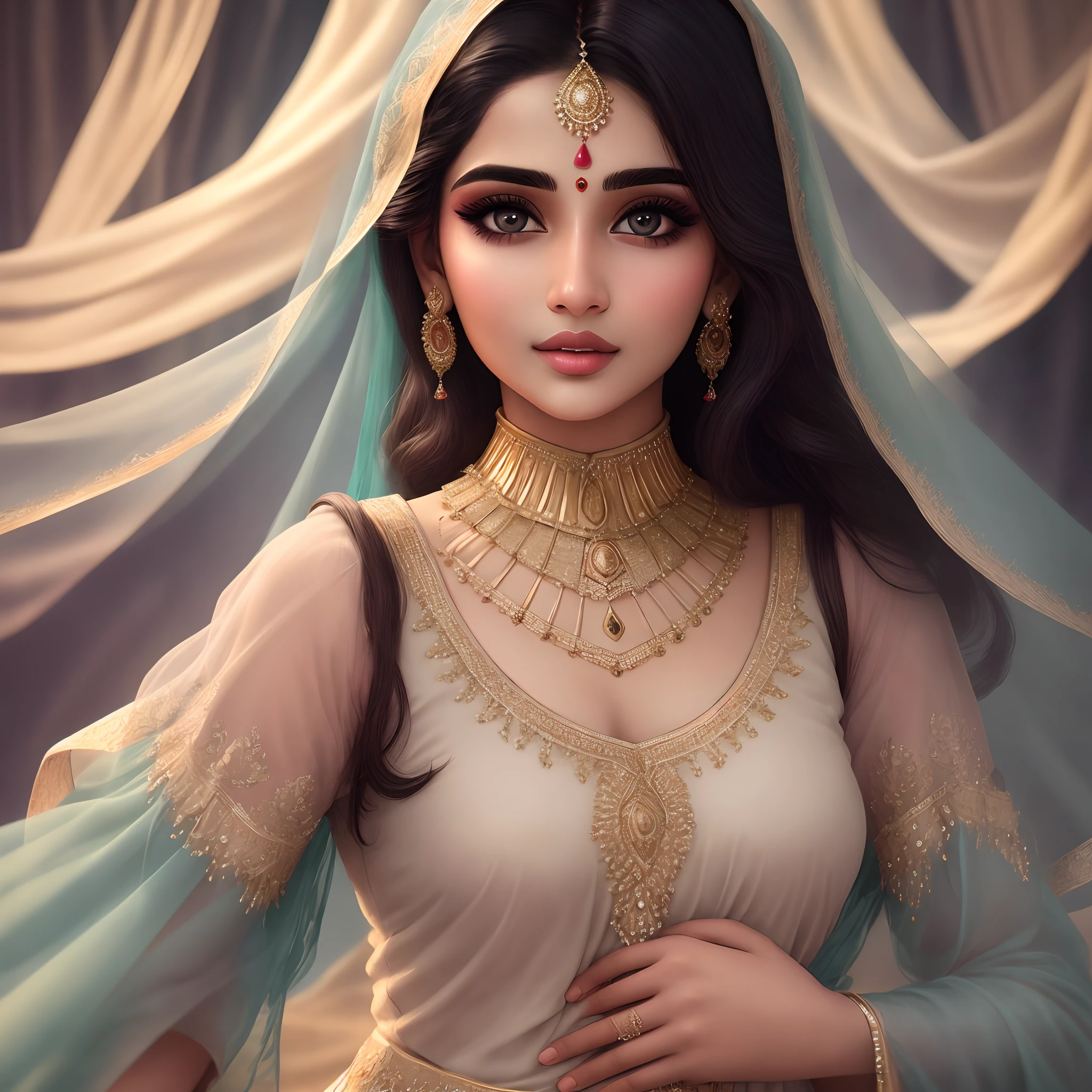 Tanned, large eyes, medium nose, large lips, black eyelashes, oval face, long hair, straight hair, ends curly, dreamy face, no bindi, less make up, clear face, smiling, shy, clear forehead, curvaceous, pouting lips, look, cold light, cleavage, curvy, inviting, flat stomach, medium hips, large