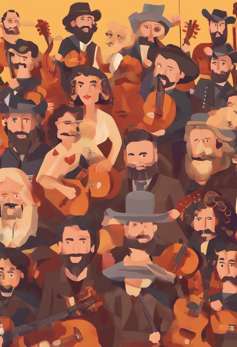 grupo de mariachi vestidos para o dia de los muertos composto exatamente por: um homem de cabelo curto; um homem de cabelo preto liso e medio e barba; um homem de cabelo e barba grandes lisos e castanhos; A man with medium curly hair and a beard; uma mulher com cabelo preto cortado em french bob; uma mulher de cabelo castanho escuro e ondulado. todoa tem a mesma idade e sao jovens. Nao ha mais pessoas na foto alem dos 7 mariachis