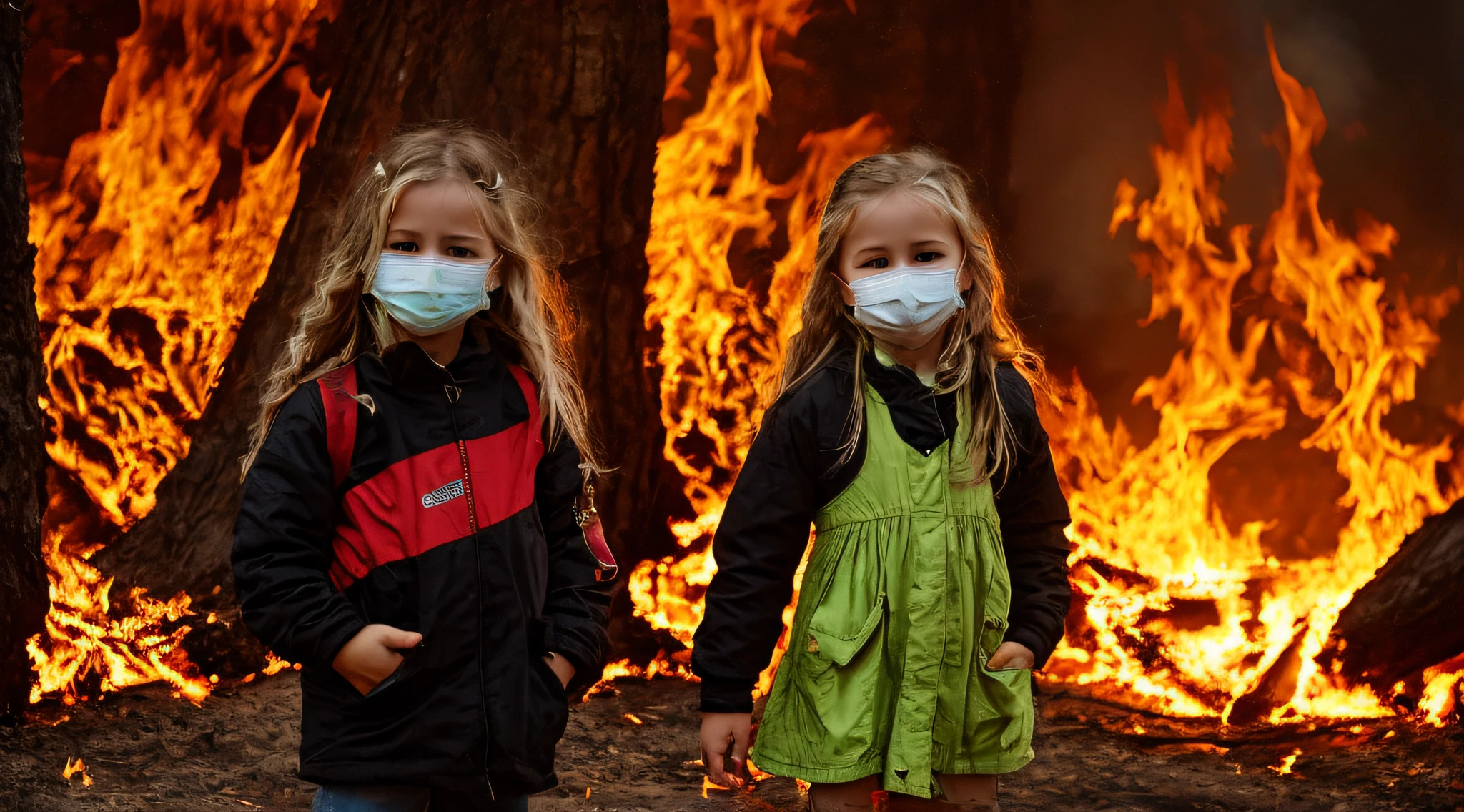 BLONDE CHILDREN LONG HAIR, vestidos vermelhos , MASK OF GAS, fechar para cima, fogo ao fundo, , undefeatable, fire.