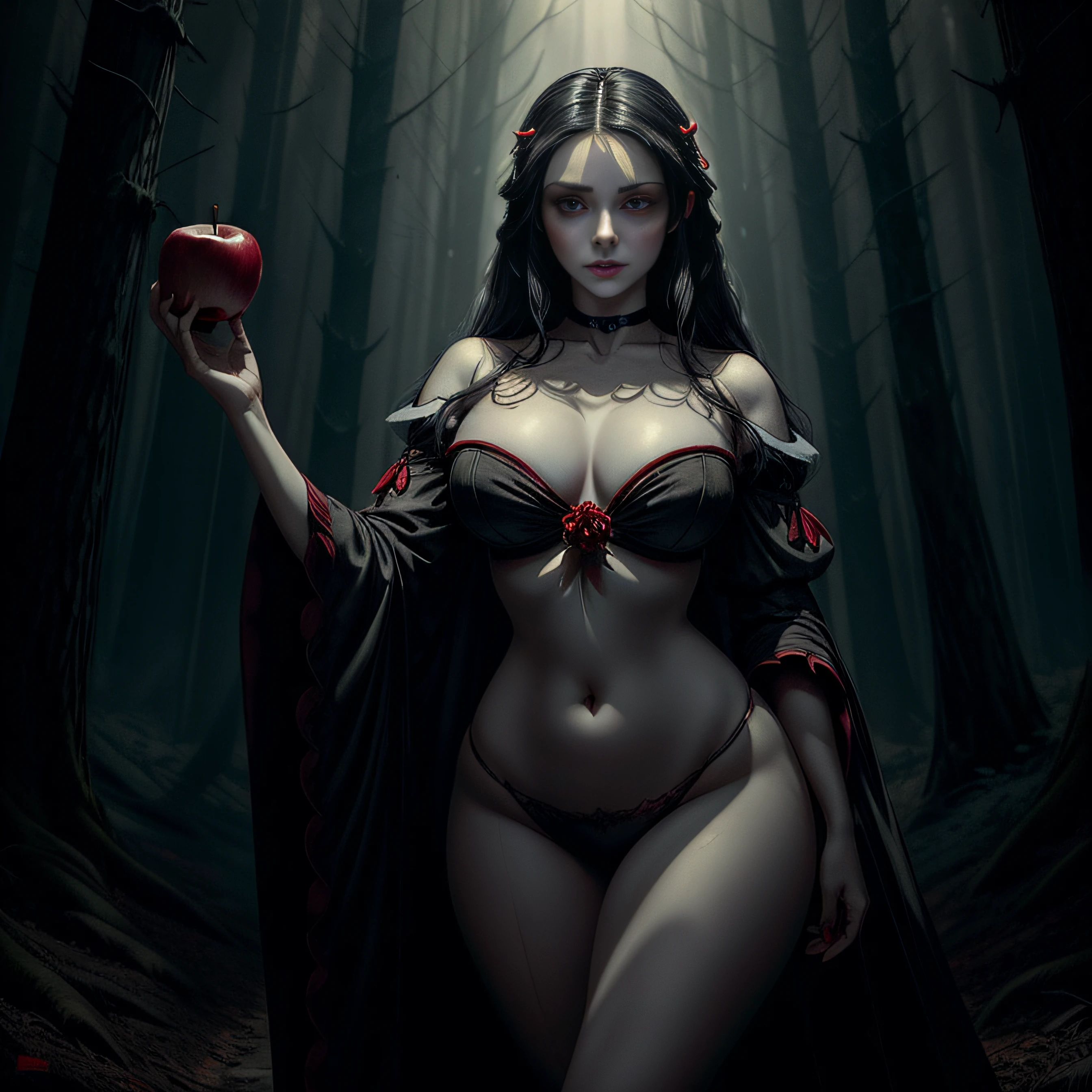 "(((masterpiece))), person as Snow White, wide hips, holding a red poison apple, forest, eerie atmosphere, dark shadows, dramatic lighting"