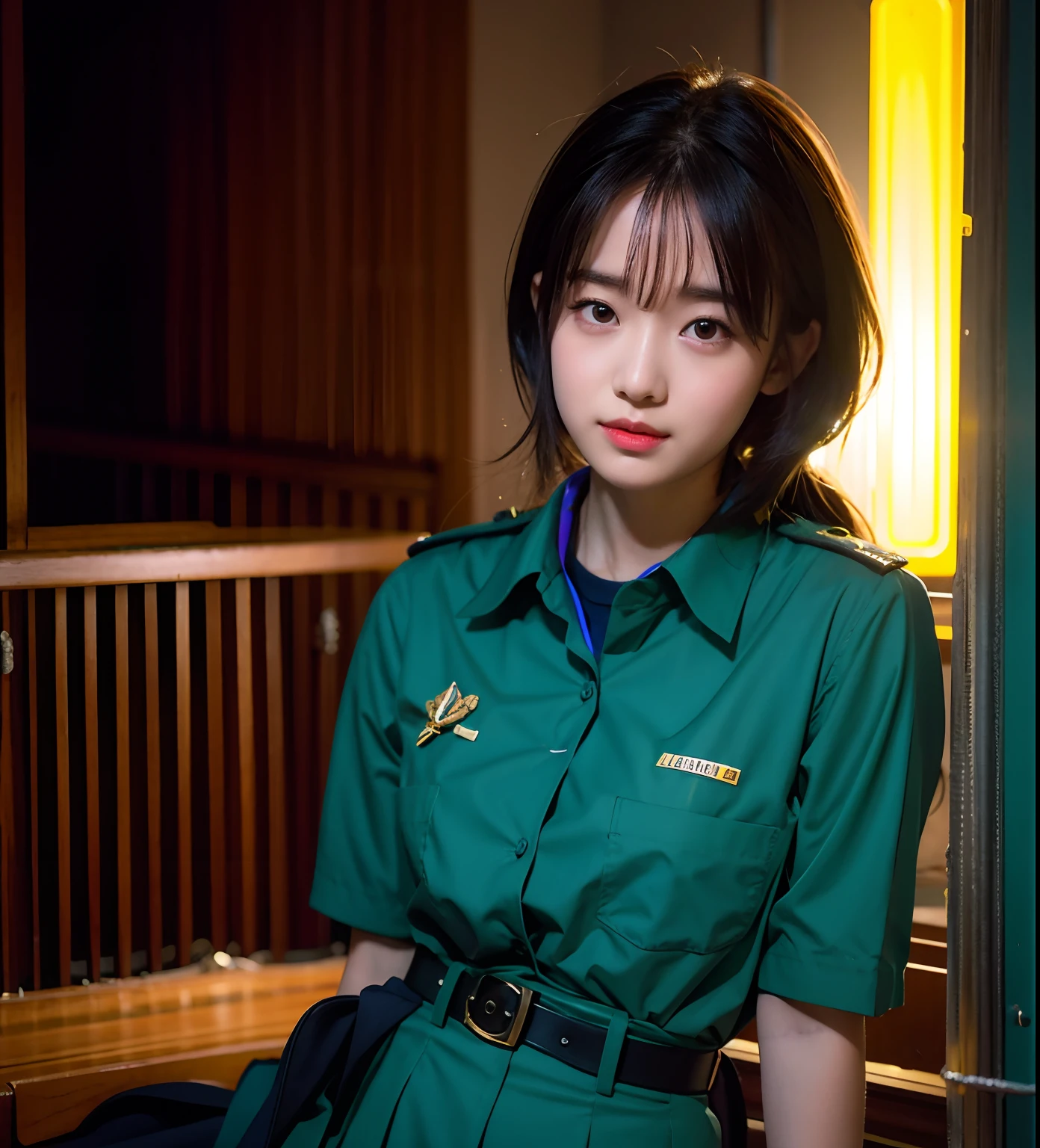 arafed girl scout in uniform posing for a picture, in uniform, neon lamp, girl wearing uniform, scout boy, serena malyon, wearing headmistress uniform, dilraba dilmurat, gorgeous jungle ranger, full uniform, neon lamp, portrait of a female ranger, ruan cute vtuber, proud look, h. kyoht luterman, wearing authentic attire