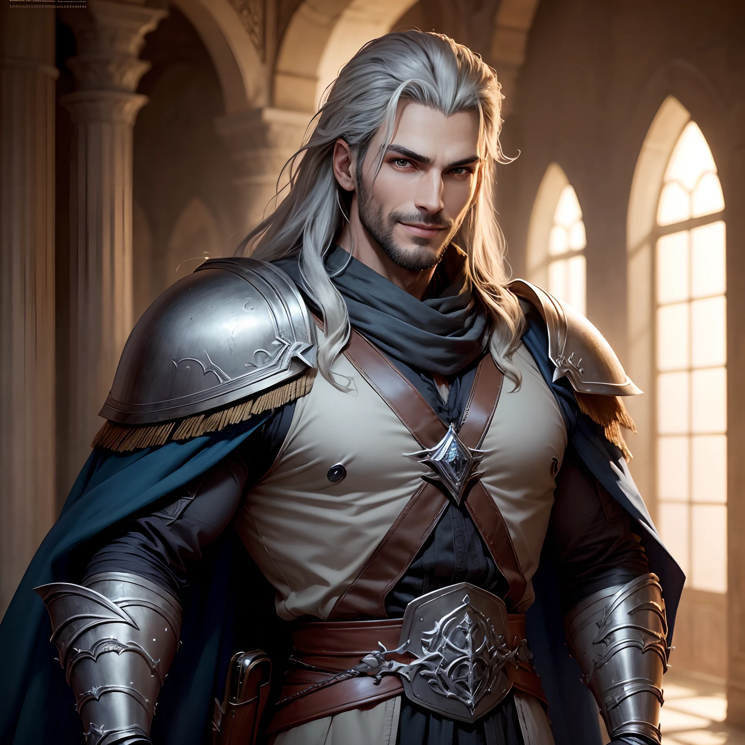 Background is the forest, 1 men, Style argile grise,(Masterpiece, Best quality), niveaux de gris,zbxr, Castlevania Lord of the shadows muscular full moroccan Armor leather Armor , yeux blancs, Whitebeard, The smiling face narrowed his eyes