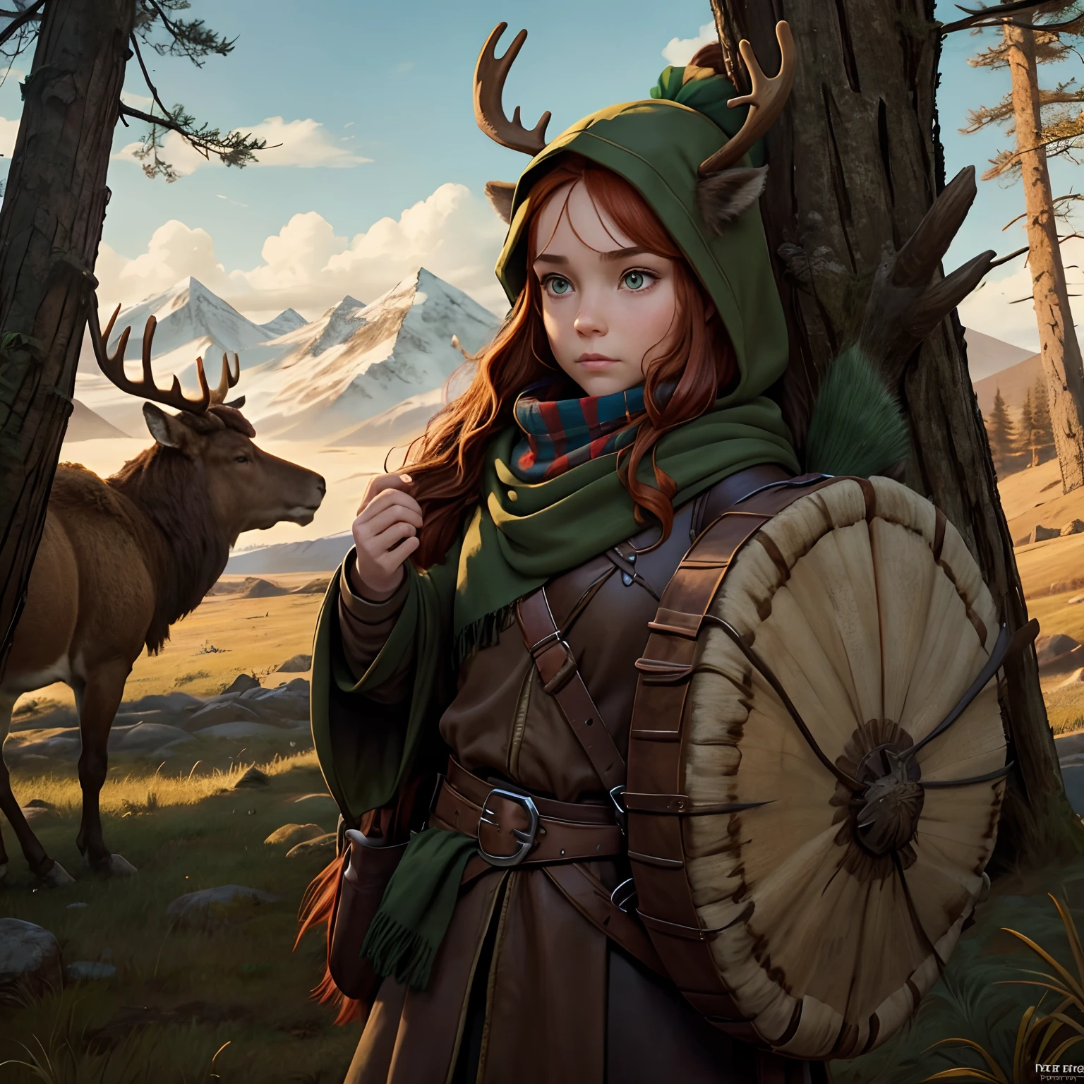 Forest, Sky, Field, 1girl, 1 animal next to it, Dwarf, a bit chubby, compressed face, dwarfen face, small, little, druid, animal ears,brown coat , short legs, bandage, bandage, cape, shut up, ears by headdress, eyes visible through hair, facial drawings, mushrooms, , mossy hat, hood, hooded cape, long hair, brown green eyes, red hair, farbite hair, ginger , armor, blue scarf, scarf, scarf, scarf long hair, hooded scarf, brown clothes, leather armor, nostrils, backpack, big Elk in background, giant, large ELk, Elk as companion, Bison, Raindeer