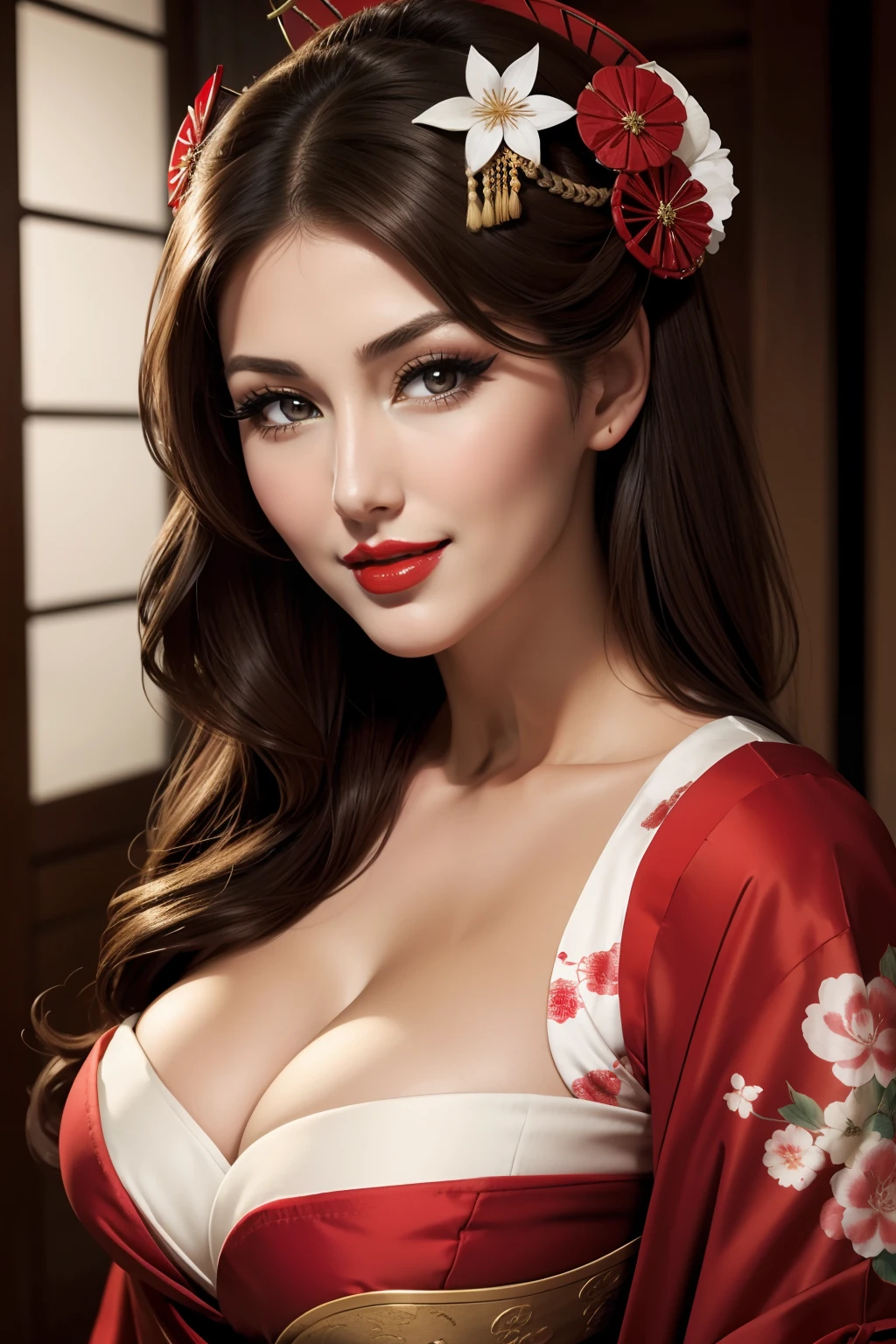 lucy pinder, face portrait, smiling, cleavage, red lipstick, geisha, geisha makeup