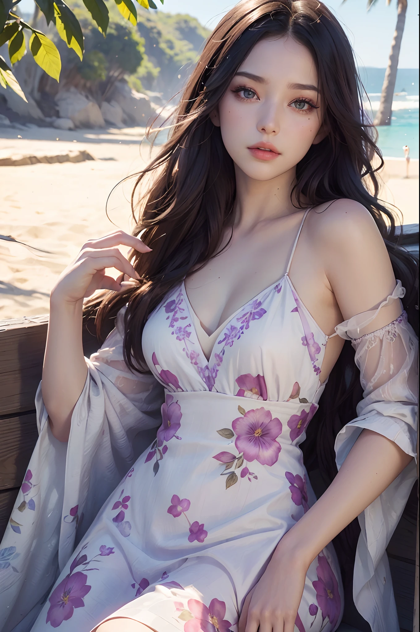 MDNN, (sharp-focus:1.2), Portrait, Attractive young woman, (beatiful face:1.1), A detailed eye, luscious lips, (eye make up:1.2), (close body:1.2), wearing (Floral dress:1.2) at (Beach:1.2). (morning sun:1.2), Depth of field, bokeh, 4k, HDR. by (James C. Christensen:1.2|Jeremy Lipking:1.1). violet eyes.