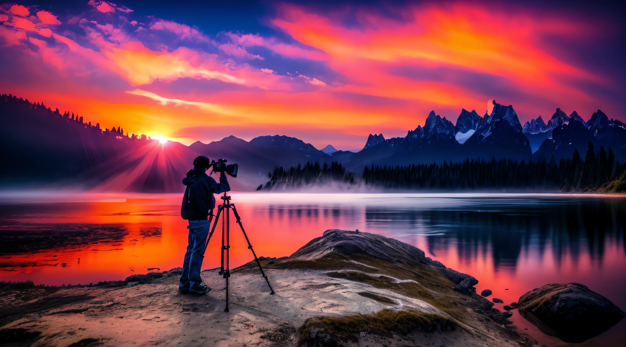 A man taking a picture of a mountain lake with a camera, Fotografias deslumbrantes, fotografia de natureza, fotografia de paisagem, HD Fotografia de Natureza, fotografia de paisagem 4k, Melhor Fotografia do Mundo, fotografia de natureza 4k, bela fotografia, an amazing landscape image, fotografia de natureza de alta qualidade, foto de paisagem, Foto deslumbrante, epic photograph, Foto da natureza, 4k. Photography of the profession, fotografia de natureza profissional