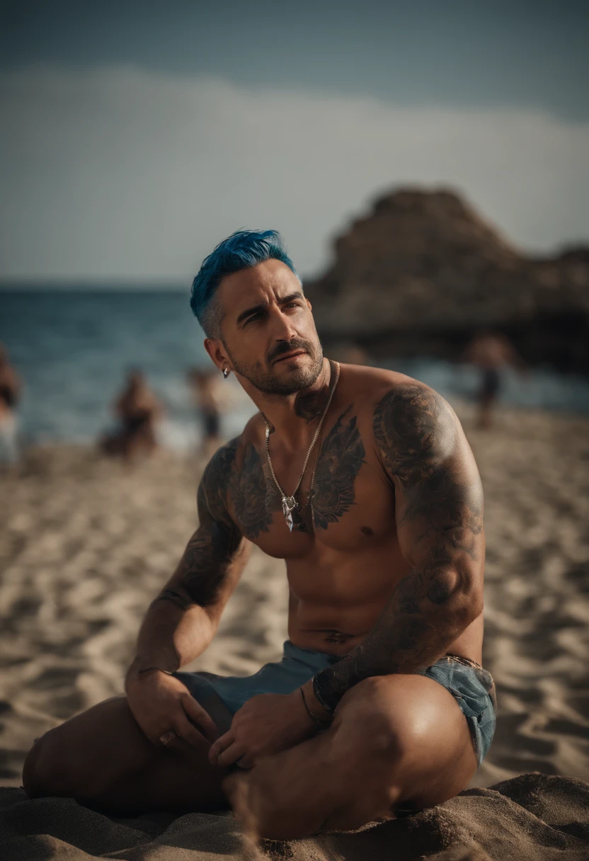 Nino xsupolitas, greek singer, half naked, singing, tattoo, blue hair, on the beach, muscles