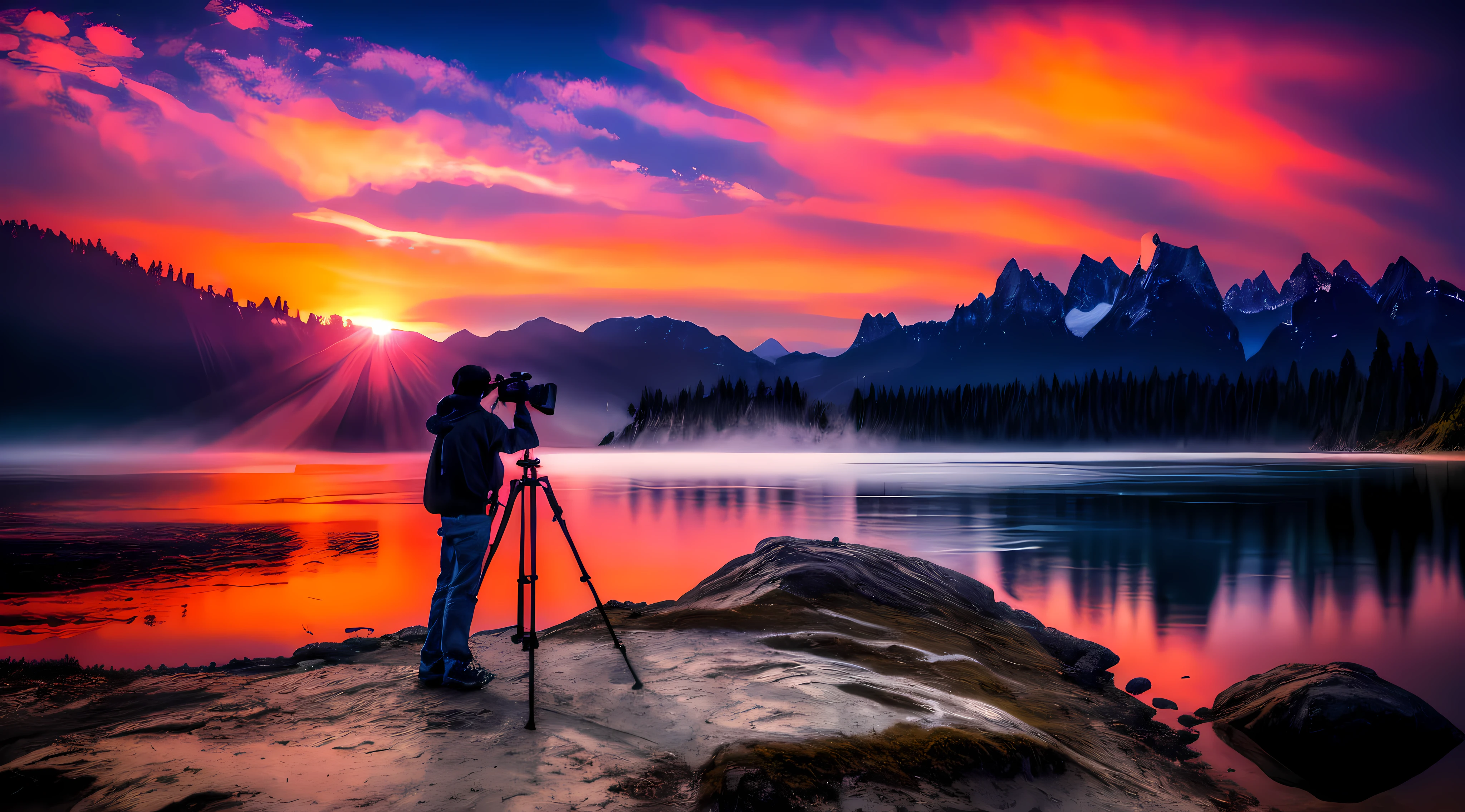 A man taking a picture of a mountain lake with a camera, Fotografias deslumbrantes, fotografia de natureza, fotografia de paisagem, HD Fotografia de Natureza, fotografia de paisagem 4k, Melhor Fotografia do Mundo, fotografia de natureza 4k, bela fotografia, an amazing landscape image, fotografia de natureza de alta qualidade, foto de paisagem, Foto deslumbrante, epic photograph, Foto da natureza, 4k. Photography of the profession, fotografia de natureza profissional