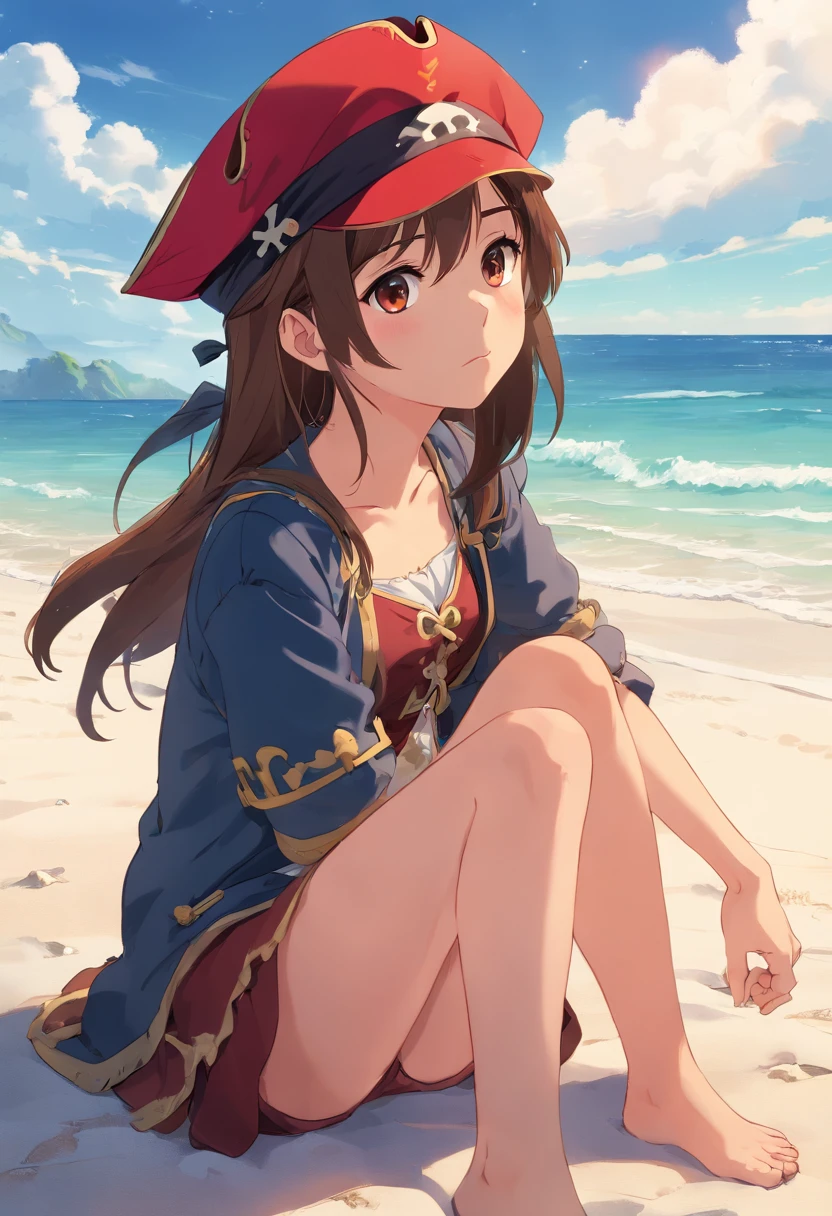 girl, brown hair, (red pirate hat:1.2), sit on beach and look in sky, sad face
