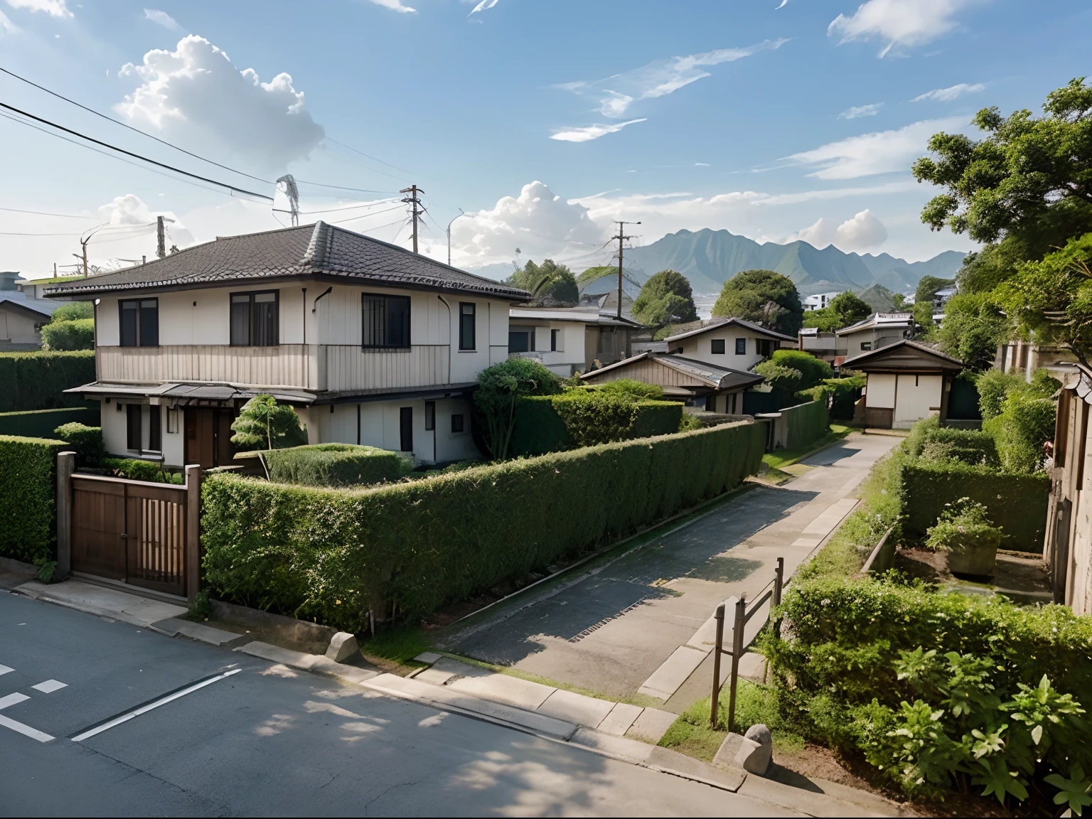 ((Aerial photograph)), cityscape, ((mountains:1,5)), Rental information, real estate, wooden single-story house,old traditional Japanese house with annex. The annex is about a half the size of the main building,((A single-story house)), (small house), backyard garden, narrow alley, ((old wooden structure)),A neglected garden, grandfather's home, exterior, looking up, cumulonimbus clouds, summer, overgrown vegetation, white walls, ((Photorealistic)), ((A model house)),A house with white walls,A road that cars can pass through, Houses are built along the public road,((Modern architectural design)),((a stone wall)),((Utility pole or telephone pole)),((A modern entrance and door)),Flowers planted in numerous flowerpots,((A hedge in front of the house)),Rice field or paddy field, a Showa-era retro-style house, densely packed houses separated by stone walls, apartment complex, stairs leading to the entrance, gardening,Residential densely populated area,Main house and branch house,Densely packed houses in a slum area, japanese architecture, one house, house and home, european japanese buildings