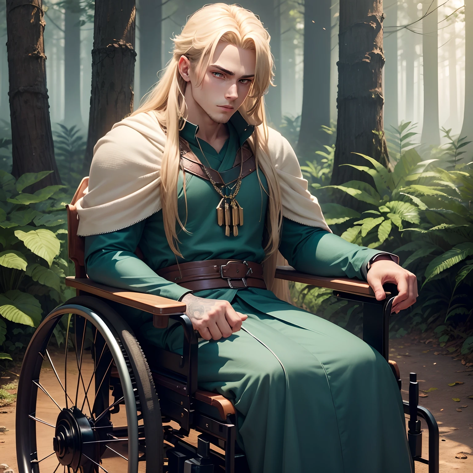 background in the forest, named is Da,1boy, (man), anime, extremely detailed, hyper detailed, (broad shoulders), (PERFECT FACE), illustration, soft lighting, 3d, detailed eyes, blonde hair, long hair, teal eyes, Sit in a wooden wheelchair, wearing is tunic, His face pierced with thought