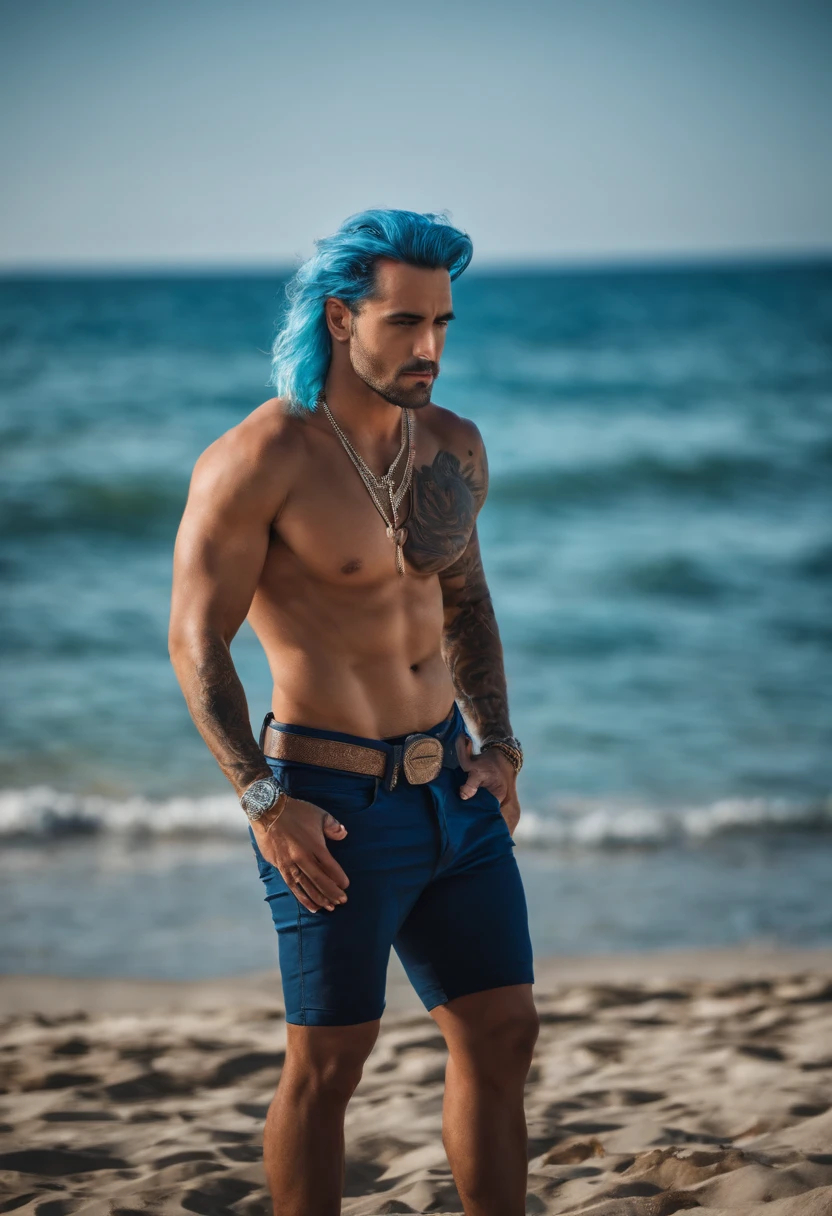 Nino xsupolitas, greek singer, half naked, singing, tattoo, blue hair, on the beach, muscles