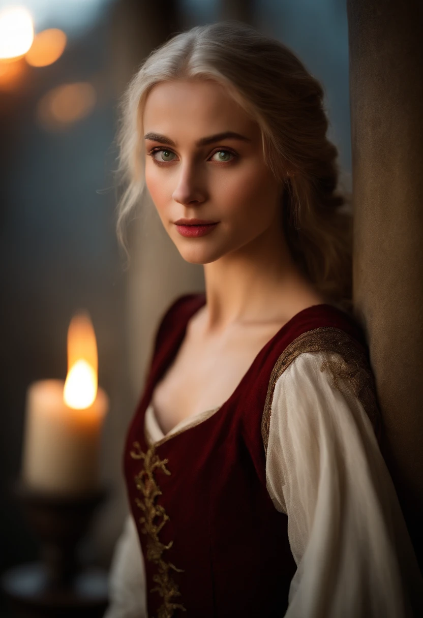 (((a deep reddish wound crosses her left cheek))) fair complexion, woman around 19 years old, natural white hair, distinctive green eyes, wearing kohl, slender and graceful, beautiful, candlelight in a medieval setting, ultra sharp focus, realistic shot, medieval female clothes, tetradic colors (scar:1.4)