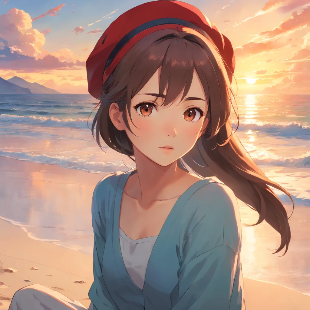 A girl with beautiful brown hair, wearing a vibrant red pirate hat (increased intensity by 1.2), sits on the sandy beach and gazes up at the sky with a sad expression. She is surrounded by the serene and calming atmosphere of the beach, with the sound of waves crashing gently against the shore. The soft golden sunlight filters through the fluffy clouds, casting a warm glow on her face. The girl's eyes are filled with a sense of longing and contemplation as she reflects upon her thoughts. The intricate details of her face, such as her expressive eyes, delicate nose, and luscious lips, are depicted with utmost precision and realism. The high-resolution artwork captures every minute detail, effectively conveying the emotions and depth of the girl's inner world. The overall color palette is rich and vibrant, with a mix of warm hues reminiscent of a summer sunset. The lighting creates a soft, ethereal ambiance, enhancing the dreamlike quality of the scene. This prompt is designed to generate a masterpiece artwork that portrays the girl's melancholic mood and invites viewers to immerse themselves in her introspective journey.