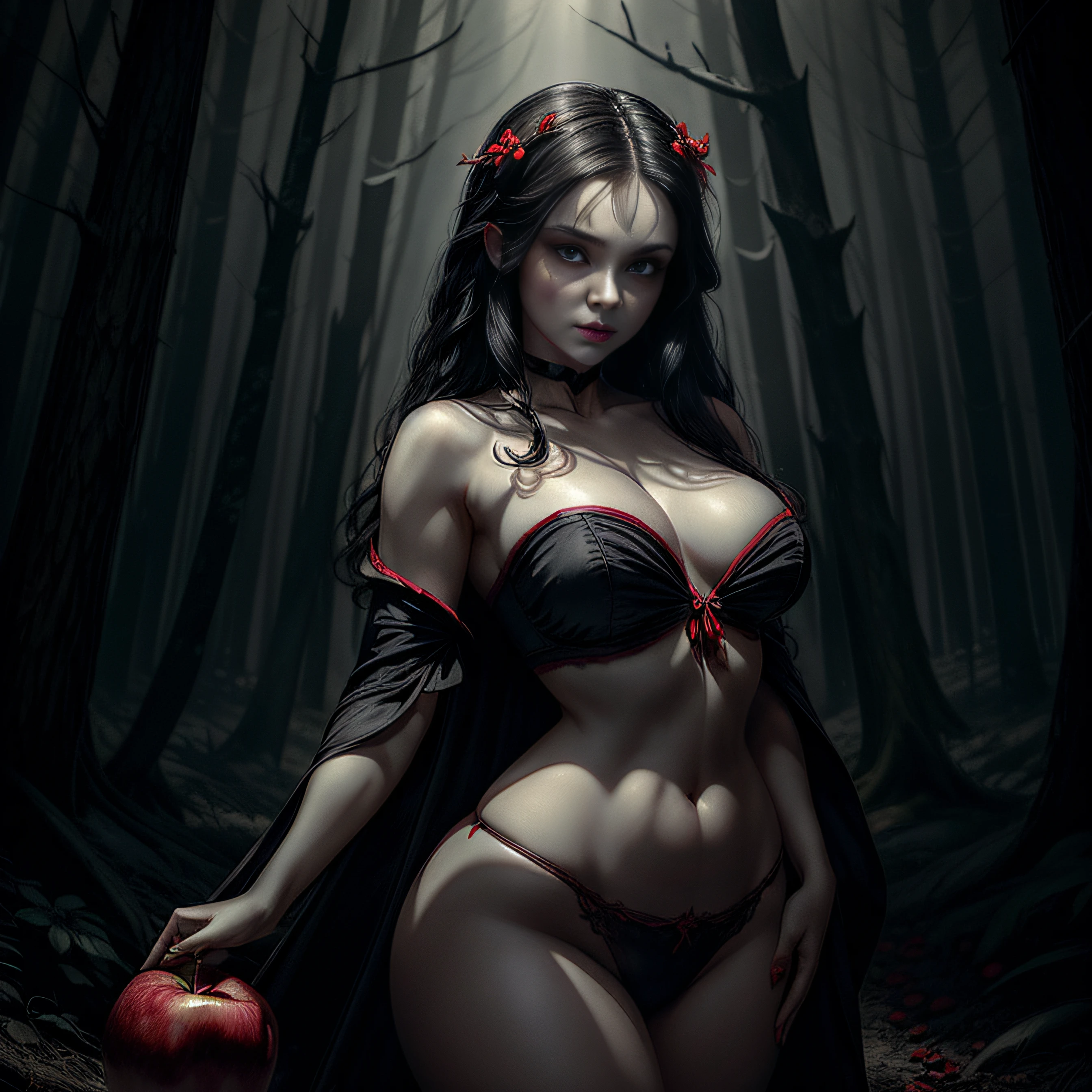 "(((masterpiece))), person as Snow White, wide hips, holding a red poison apple, forest, eerie atmosphere, dark shadows, dramatic lighting"