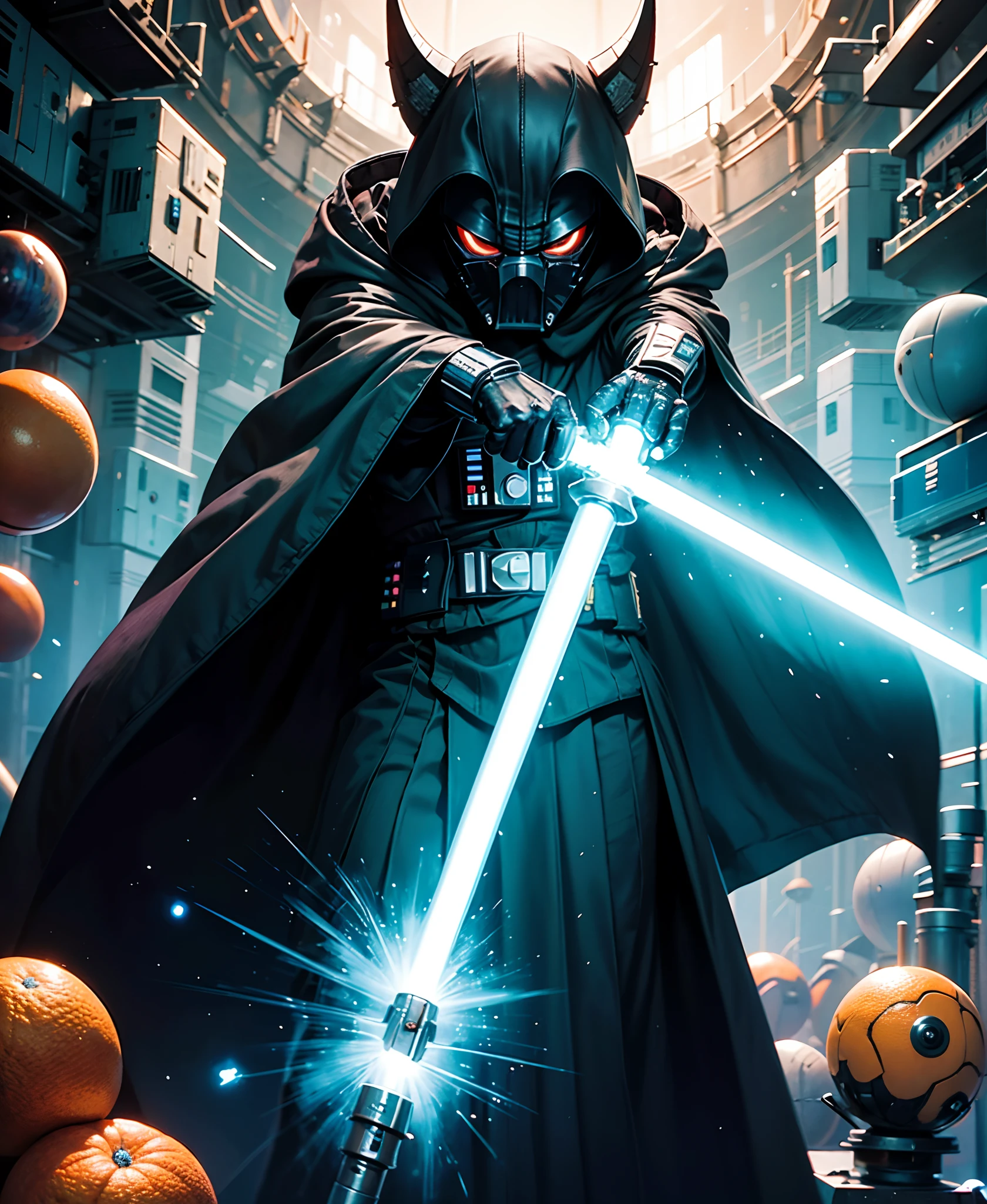 Darth Balerian, he wields an orange lightsaber and wears an intimidating black mask and cloak