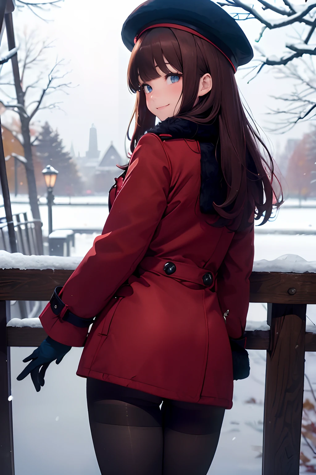 woman in an open red toggle coat side view, long wavy light brown hair, straight cut bangs, blush, (red beret), black pantyhose, wide shot, pitch black and snowing, tall, ((Hands concealed behind back, standing up and leaning forward slightly with a smile)), ((pretty dark blue eyes)), ((view from thigh area to top of hat)), ((Autumn)), ((facing viewer))