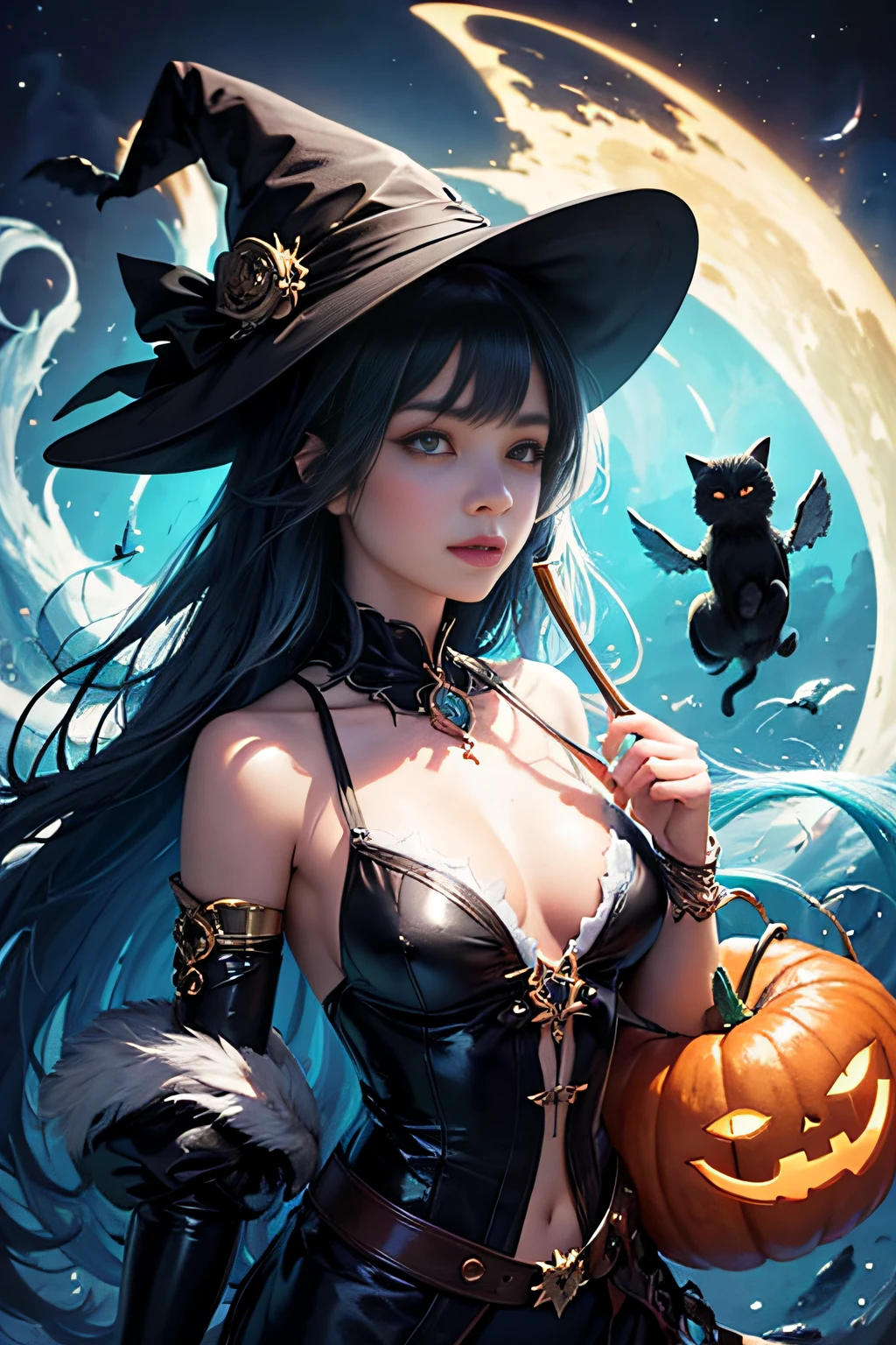 (masterpiece, top quality, best quality, official art, beautiful and aesthetic: 1.2), (1 witch girl holding a potion), extremely detailed, colorful, most detailed, official art, Unity 8k wallpaper , ultra detailed, beautiful and aesthetic, beautiful, masterpiece, best quality, (Swimsuit swimming halloween), (night), Haunted Mansion, flying ghost, scary pumpkin art, black cat drawing, PerfectNwsjMajic