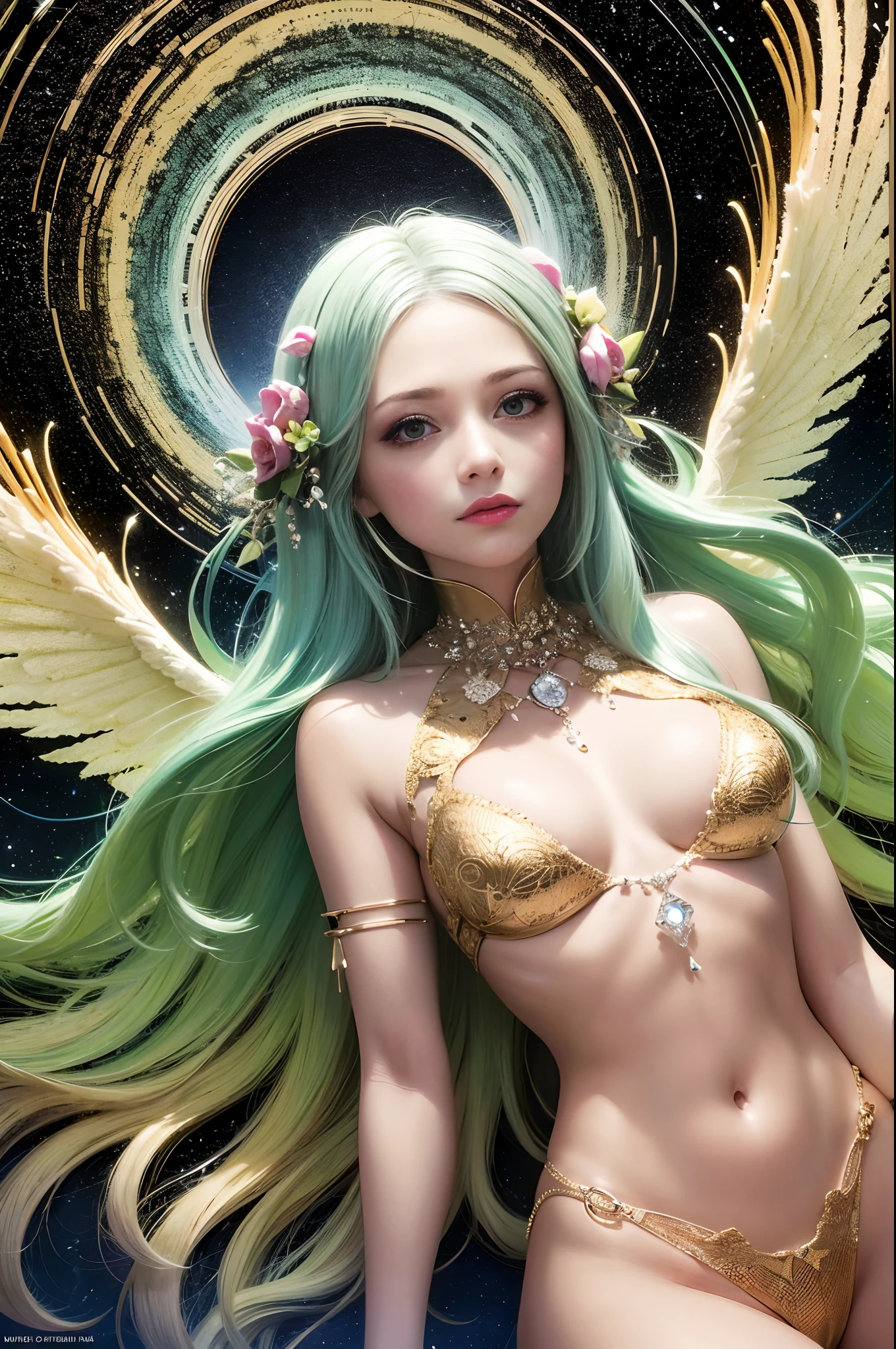 filme ainda, Fotografia de Moda, arte digital, raytraicing, 3D surrealista. Stunning Beautiful Young Female Angel Dressed in an Angelpunk Outfit, relaxado sentado em uma nuvem fofa, floating in the middle of a vortex of floating spiral galaxy and golden stars and cute little clouds. amarelo, vermelho, verde, azul marinho, Rosa, branco cremoso. Efeito Lumitronic, Efeito Zentangle, Estilo MLBB, Efeito vaporwave, Directed by: Julie Dillon e David Alabo, cabelos coloridos, textura de pele realista, foto realista, low saturation, master part, global ilumination,