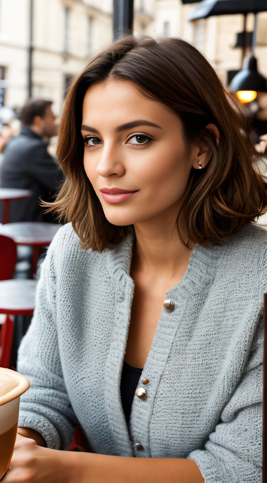 FEMME BRUNE A CAFe en main