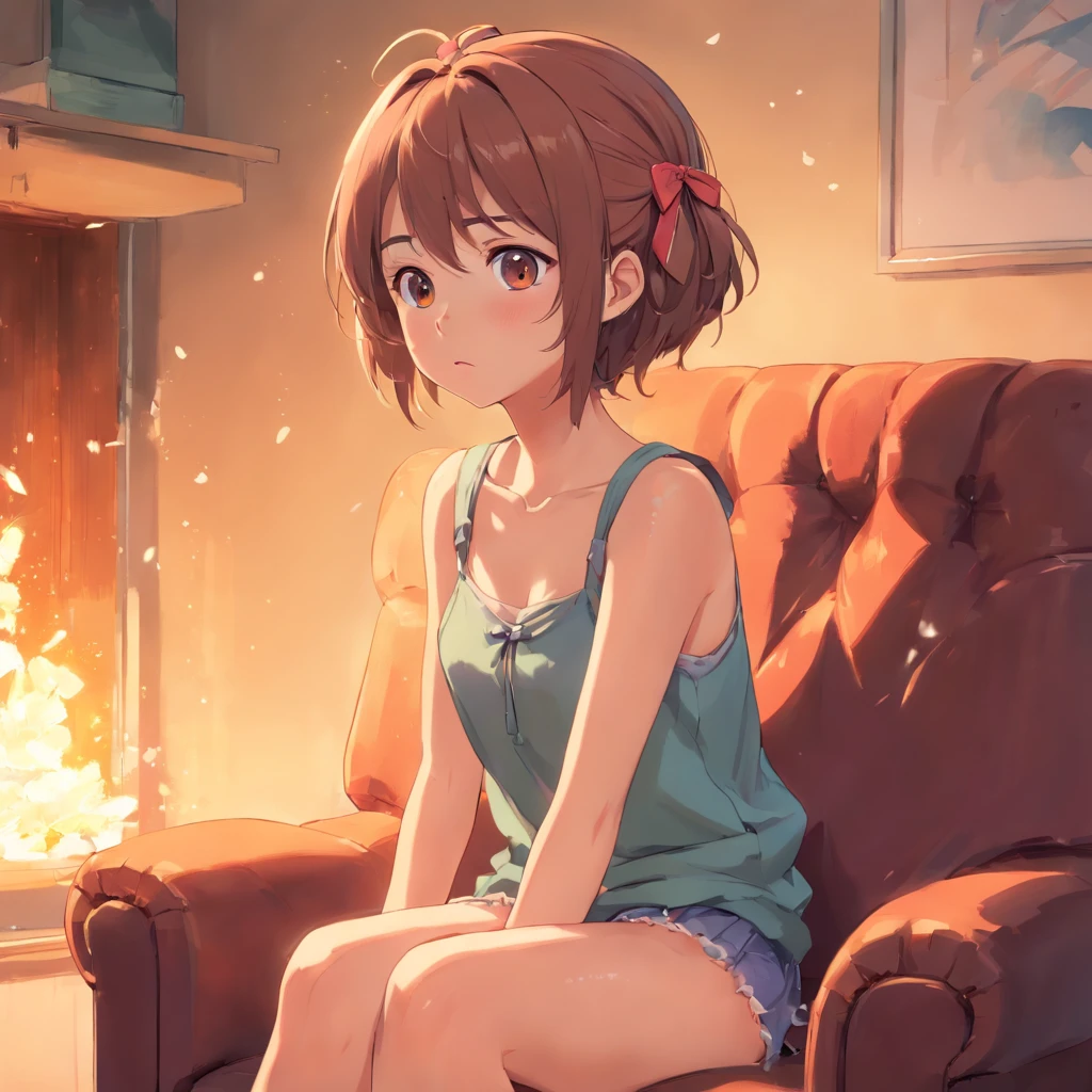 A sad little girl, sad eyes, is almost crying, (expression of fear), shy face, terrified expression, sitting on top of a torn old armchair, she is wearing bra with bulge, soft panties, totally loose on the private parts, [nfsw,], face turned to the left side, short platinum hair messy,  hair tied with red bows, detailed face, with freckles, masterpiece,