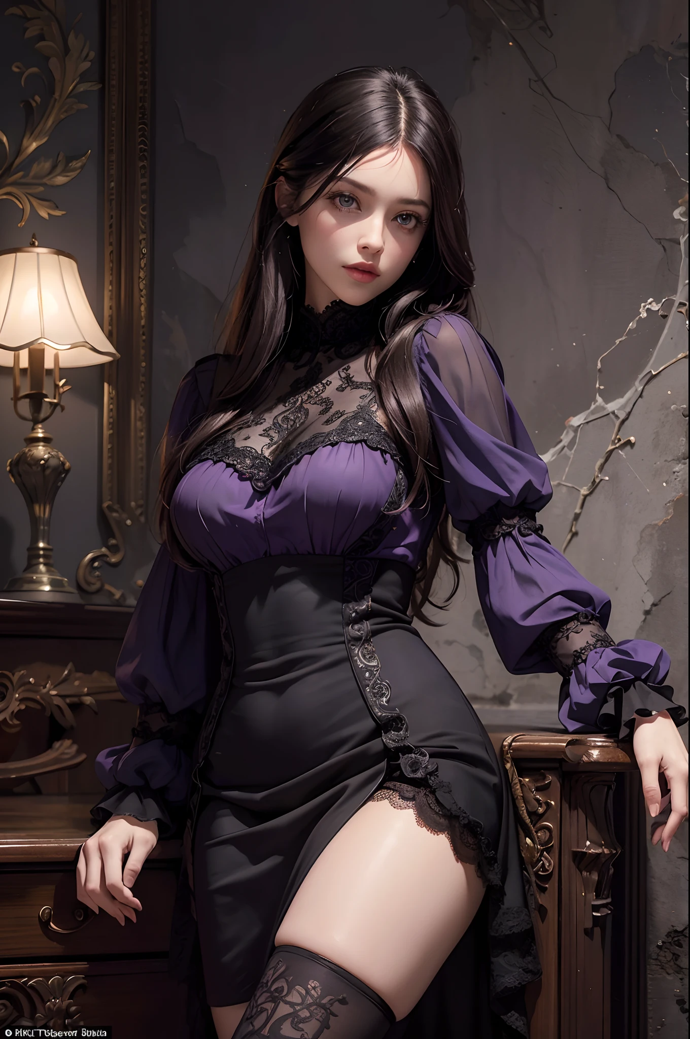 (Best Quality,4k,8K,hight resolution,Masterpiece:1.2),Ultra-detailed,(Realistic,Photorealistic,photo-realistic:1.37), portrai, Vivid colors, Dark atmosphere, soft-lighting, Beautiful, Wide Detail ((violet eyes)), handsome body, nice feet, blouse, dark knee-length long skirt, soft colors, long dark hair, Youthful appearance, confident expression, Stylish outfit, knee-high boots, Lace Dress, dark tights, nylon, Background of the mansion, delicate features, Intricate patterns on the dress, cinematic composition, mysterious aura.